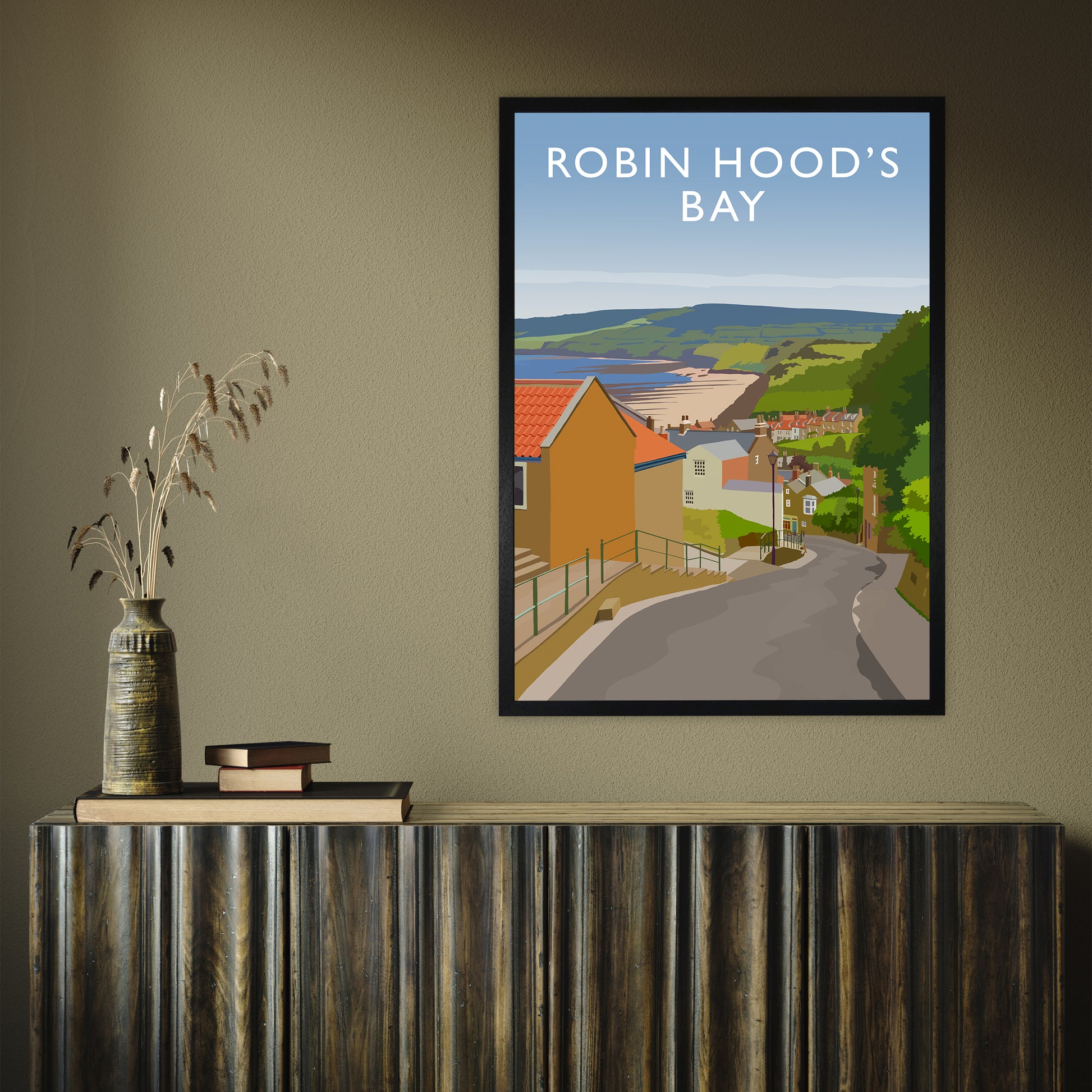 Robin Hood's Bay 3 portrait by Richard O'Neill A1 Black Frame