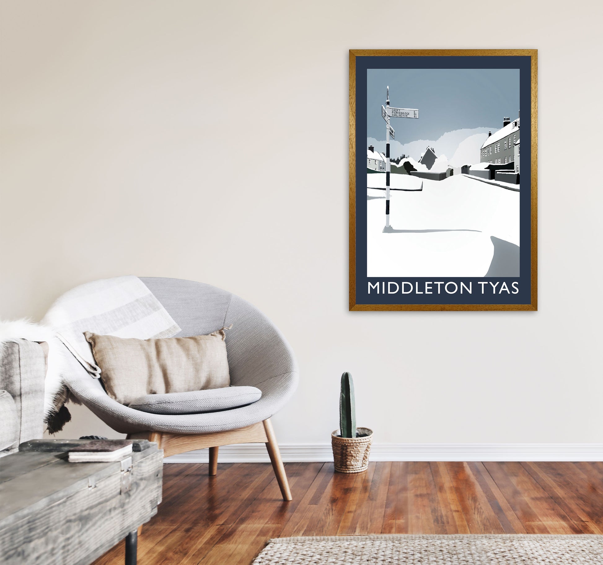 Middleton Tyas in Snow Portrait Travel Art Print by Richard O'Neill, Framed Wall Art A1 Print Only