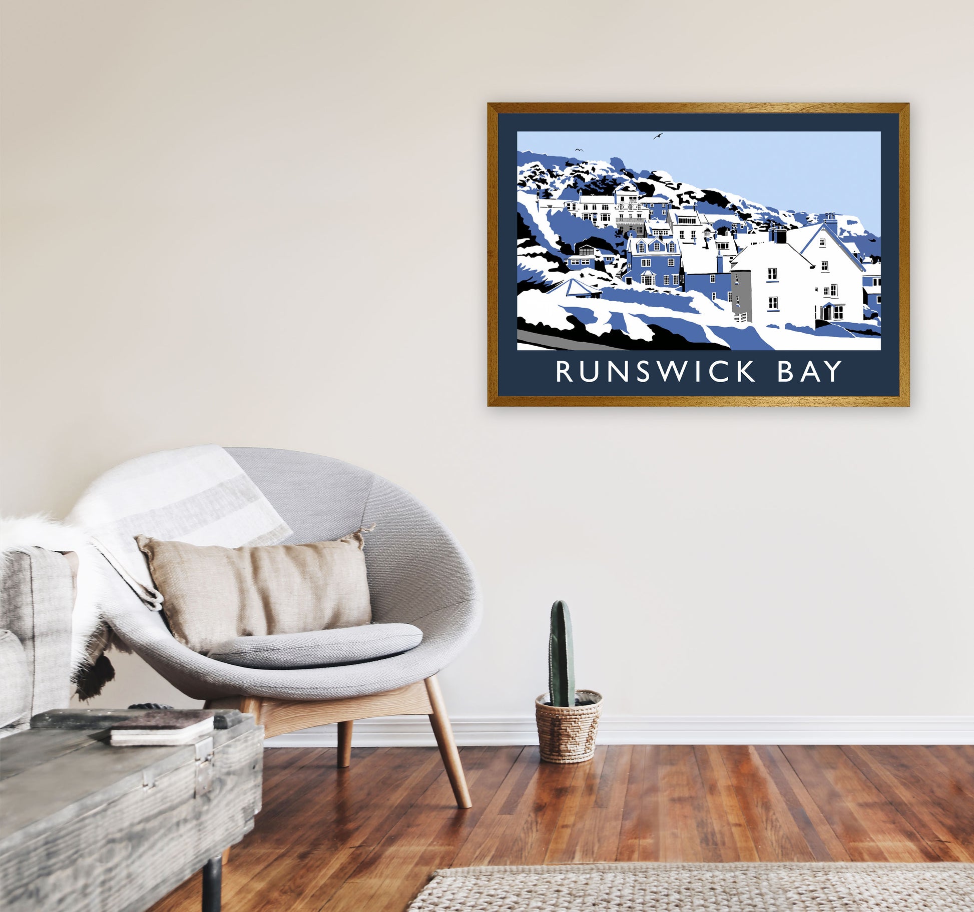 Runswick Bay In Snow Travel Art Print by Richard O'Neill, Framed Wall Art A1 Print Only