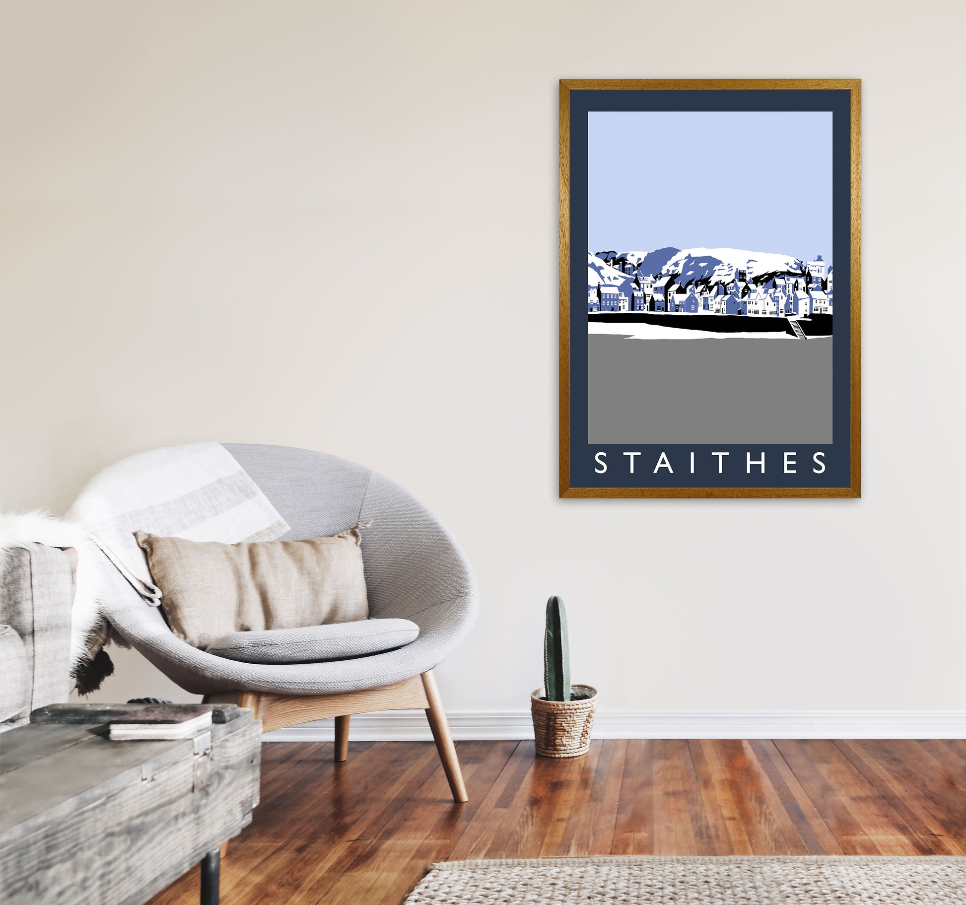 Staithes In Snow PortraitTravel Art Print by Richard O'Neill, Framed Wall Art A1 Print Only