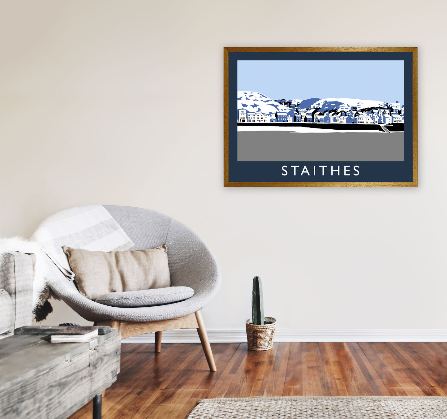 Staithes In Snow Travel Art Print by Richard O'Neill, Framed Wall Art A1 Print Only