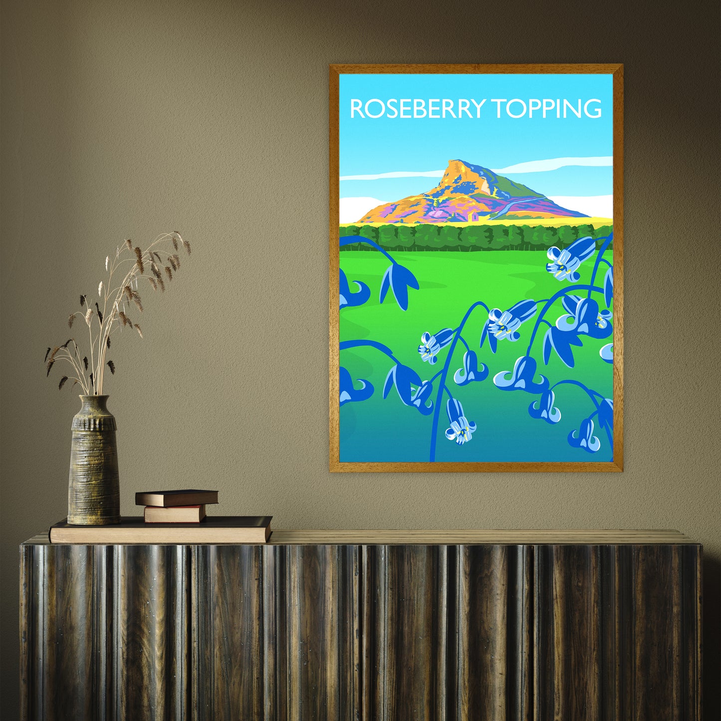 Roseberry Topping (bluebells) portrait by Richard O'Neill A1 Oak Frame