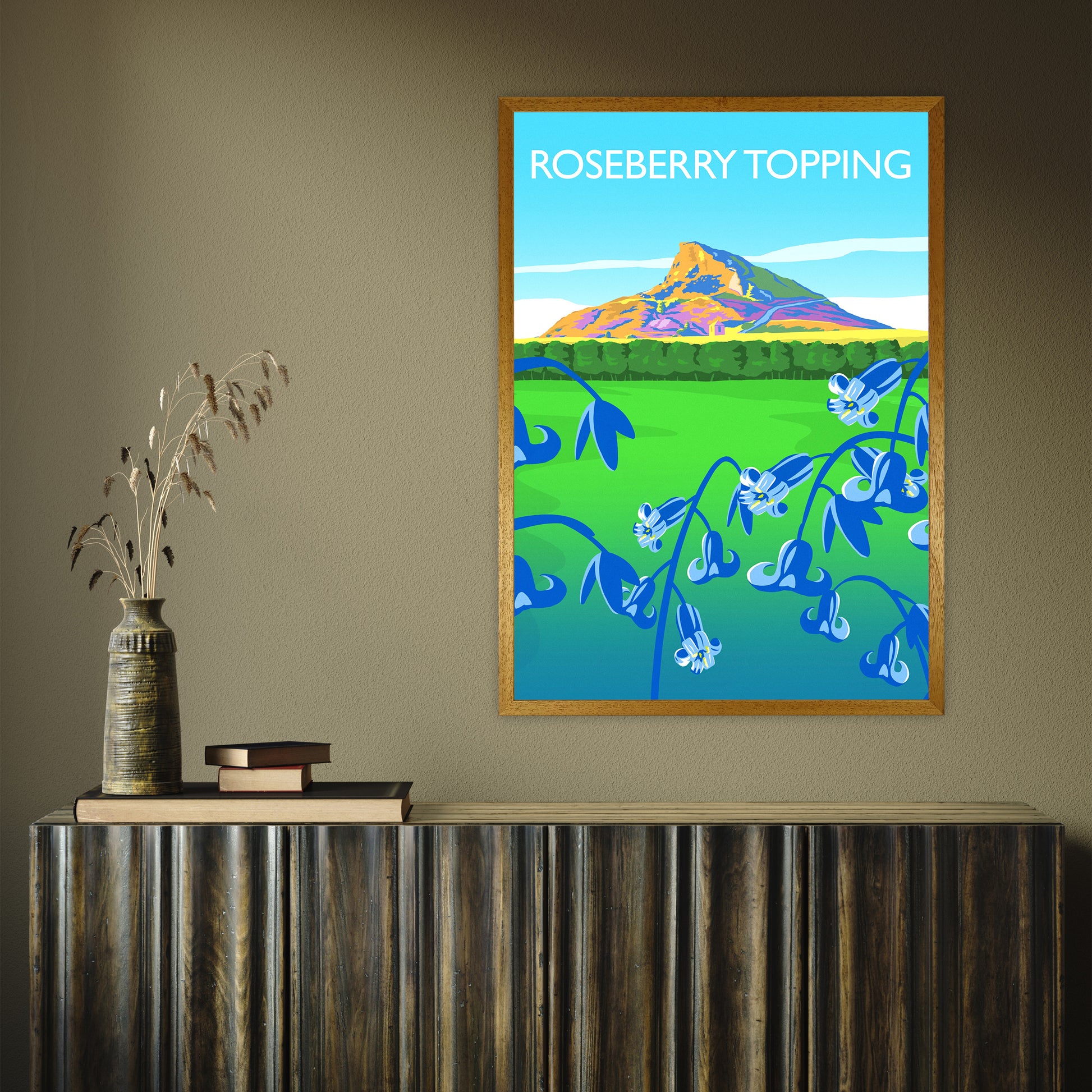 Roseberry Topping (bluebells) portrait by Richard O'Neill A1 Oak Frame