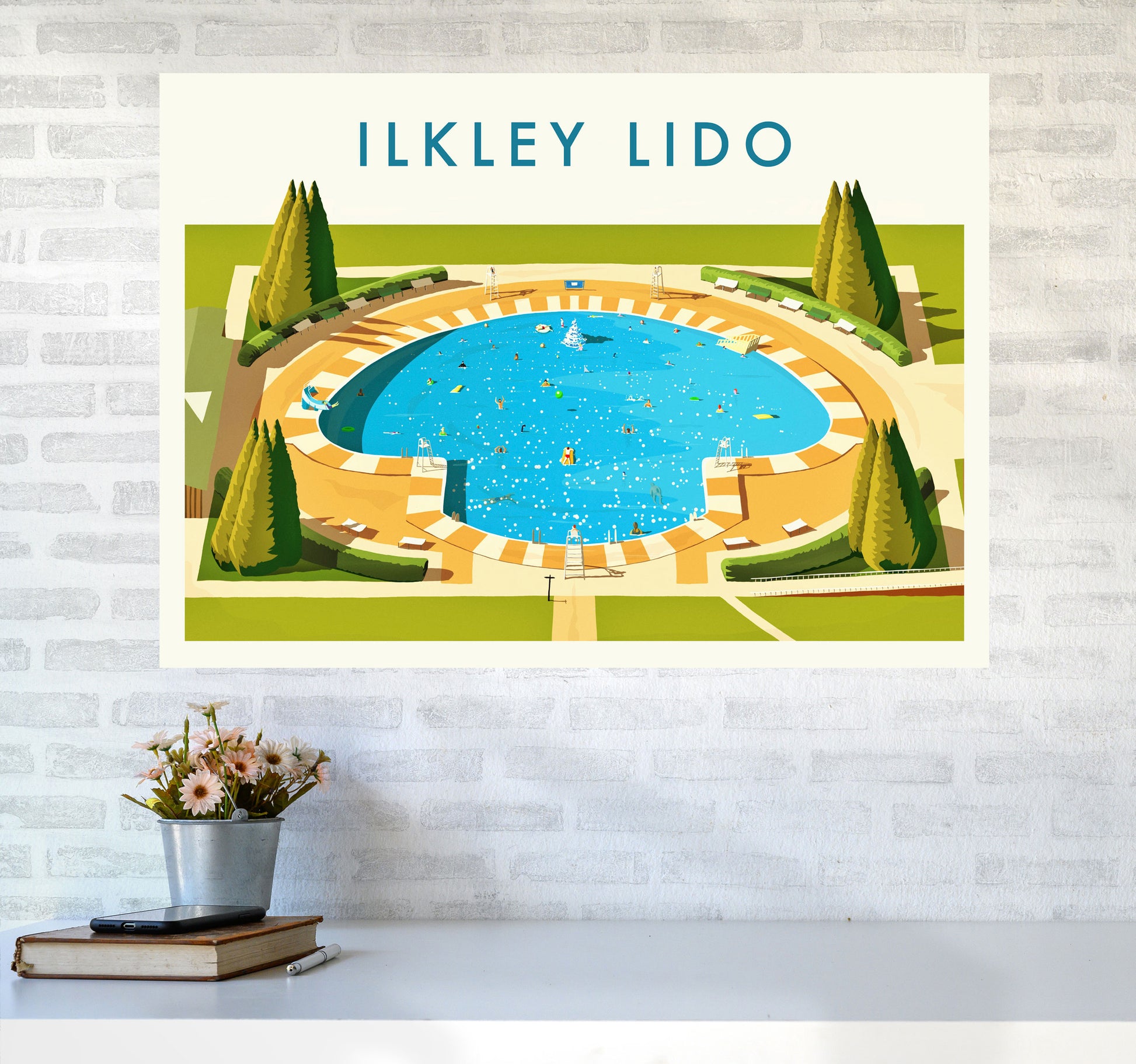 Ilkley Lido Travel Art Print by Richard O'Neill A1 Black Frame