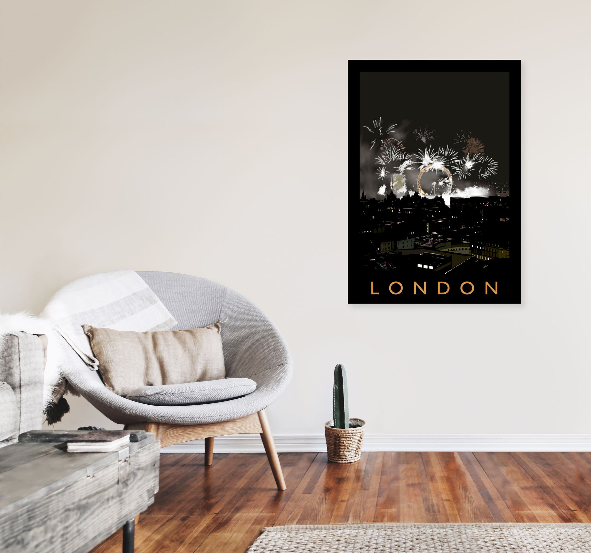 London Fireworks Art Print by Richard O'Neill A1 Black Frame