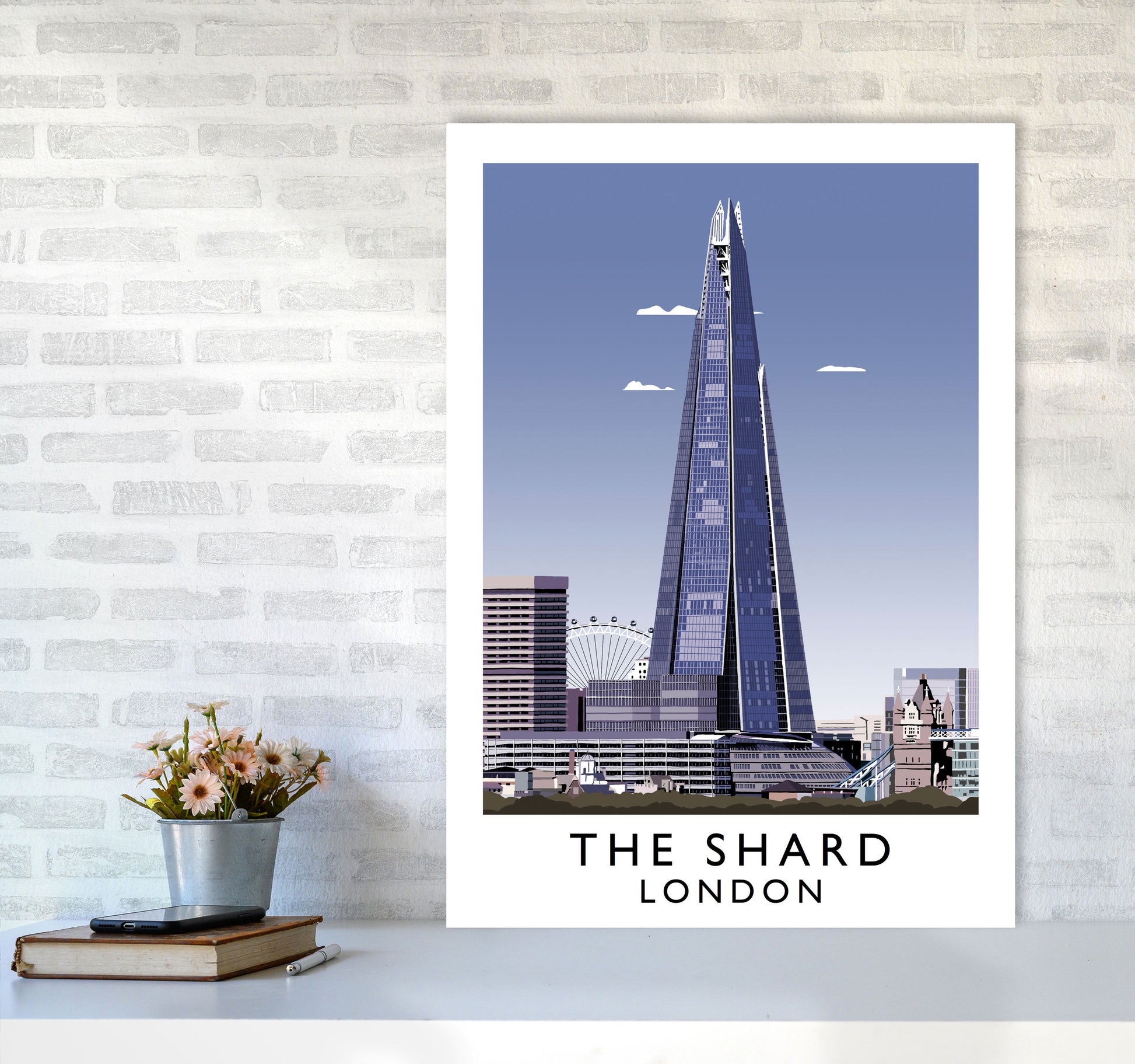 The Shard London Vintage Travel Art Poster by Richard O'Neill, Framed Wall Art Print, Cityscape, Landscape Art Gifts A1 Black Frame