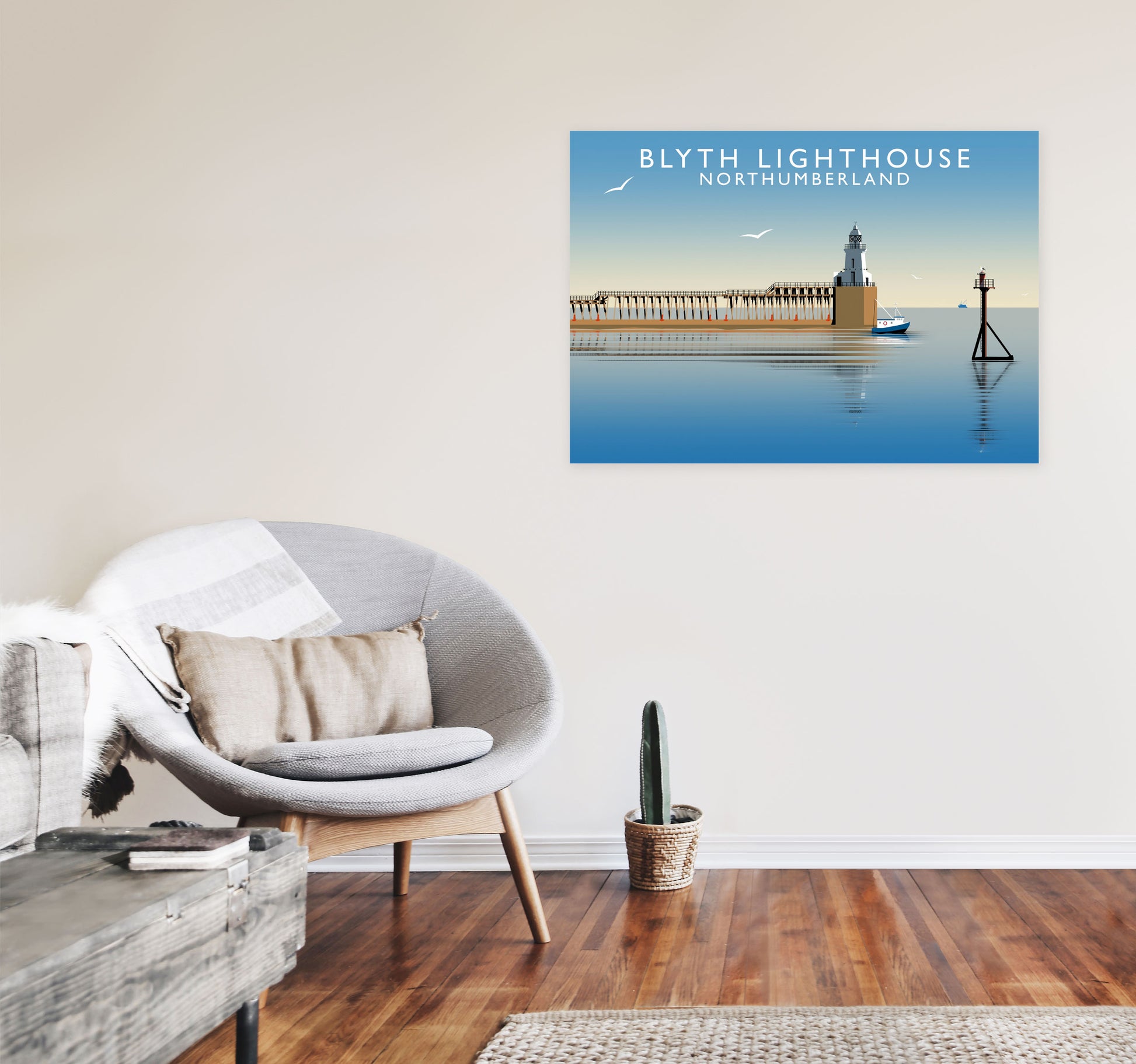 Blyth Lighthouse Northumberland Framed Digital Art Print by Richard O'Neill A1 Black Frame