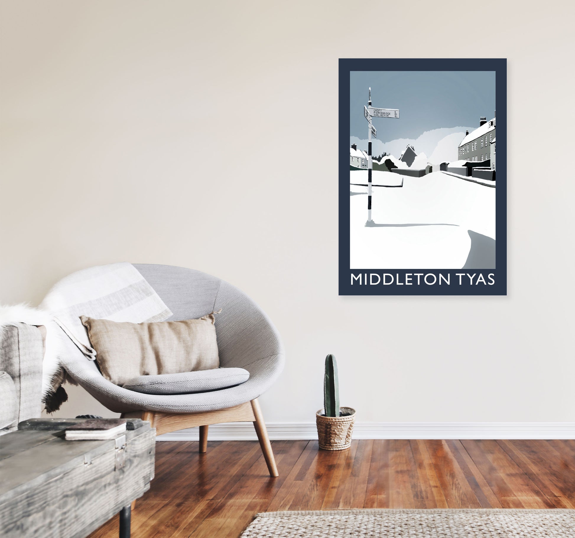 Middleton Tyas in Snow Portrait Travel Art Print by Richard O'Neill, Framed Wall Art A1 Black Frame