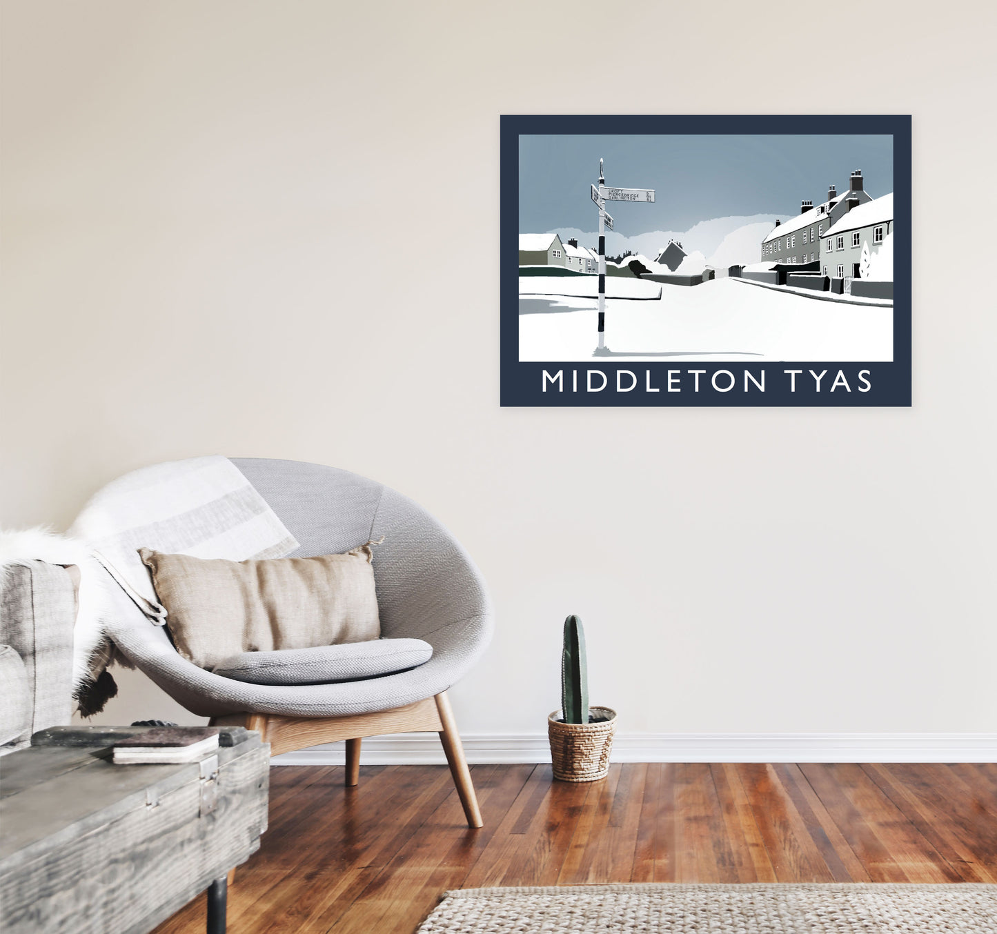 Middleton Tyas in Snow Travel Art Print by Richard O'Neill, Framed Wall Art A1 Black Frame