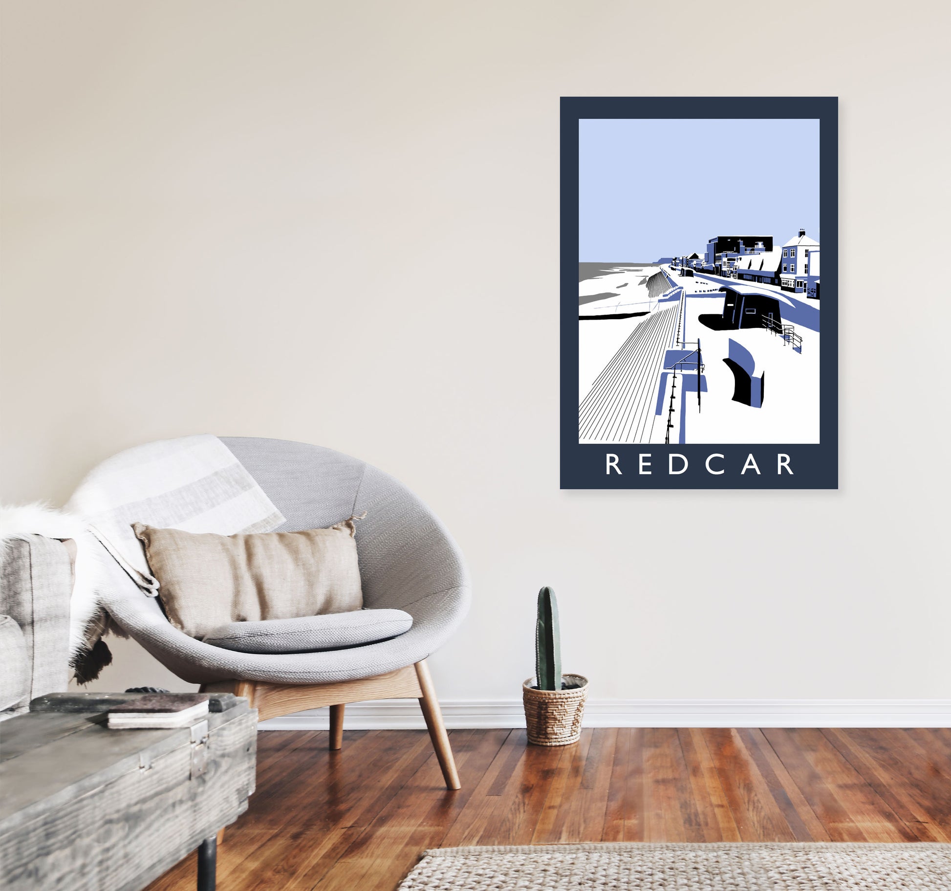 Redcar Travel Art Print by Richard O'Neill, Framed Wall Art A1 Black Frame