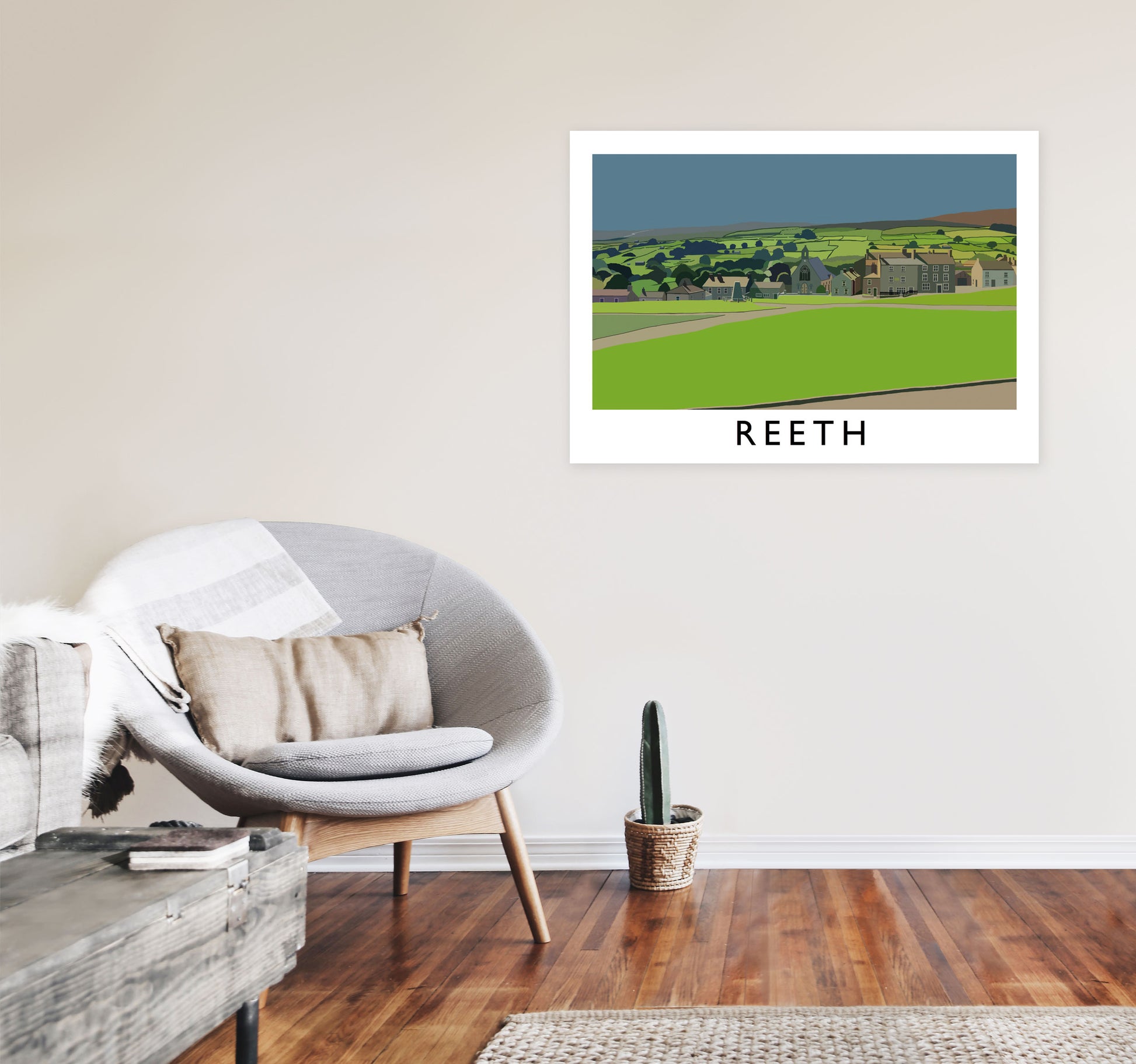 Reeth Travel Art Print by Richard O'Neill, Framed Wall Art A1 Black Frame