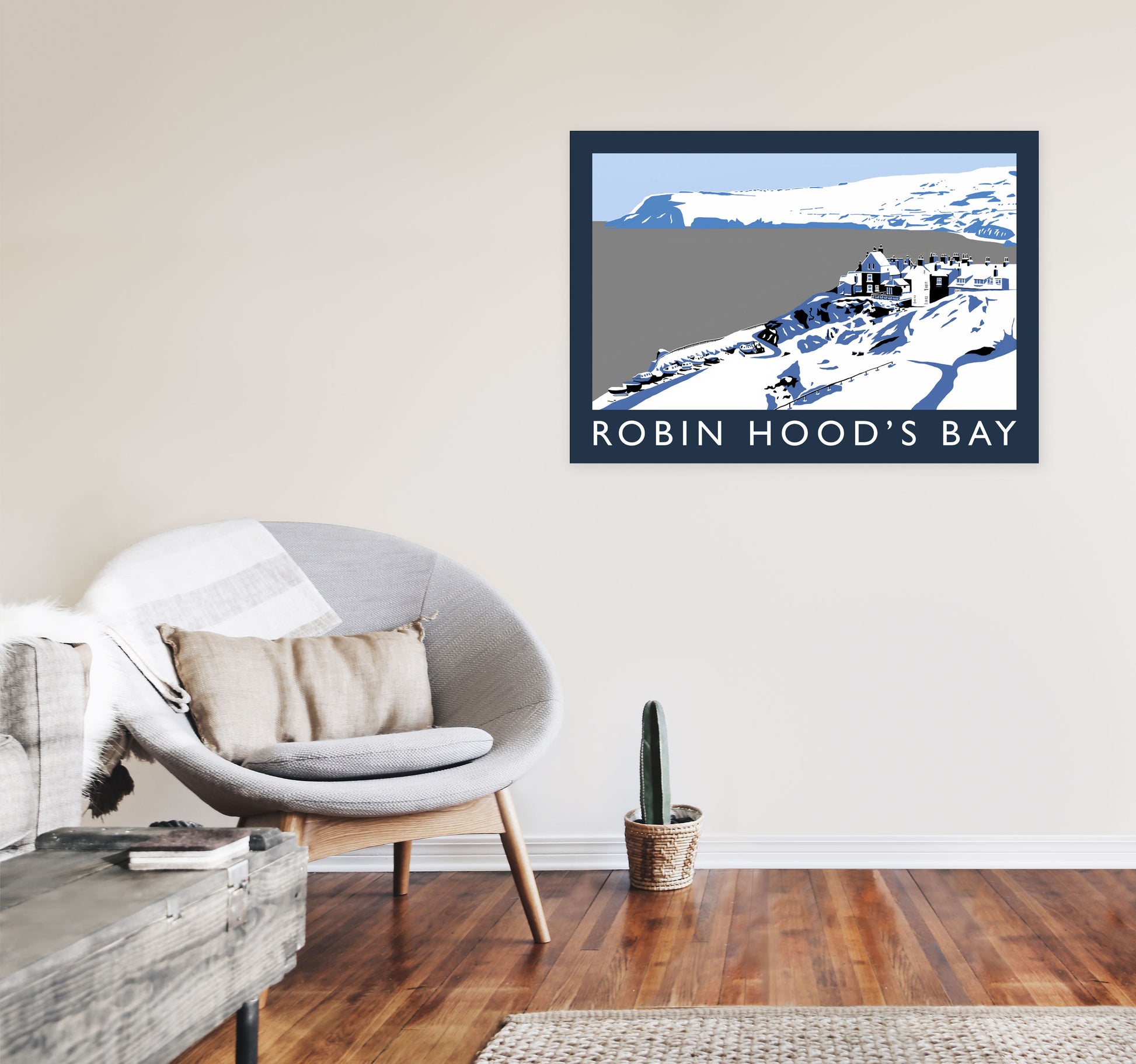 Robin Hood's Bay In Snow Travel Art Print by Richard O'Neill, Framed Wall Art A1 Black Frame