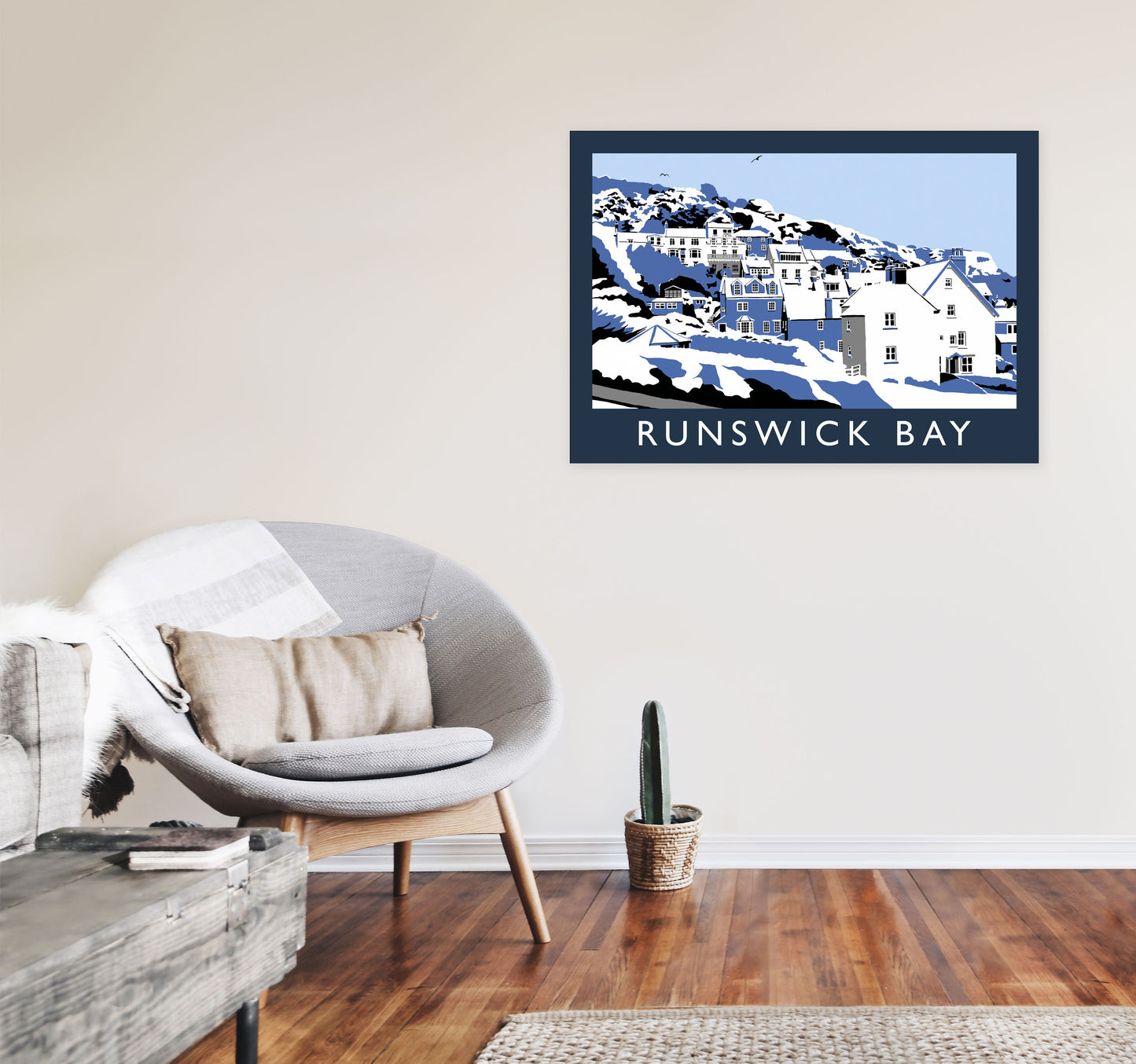 Runswick Bay In Snow Travel Art Print by Richard O'Neill, Framed Wall Art A1 Black Frame