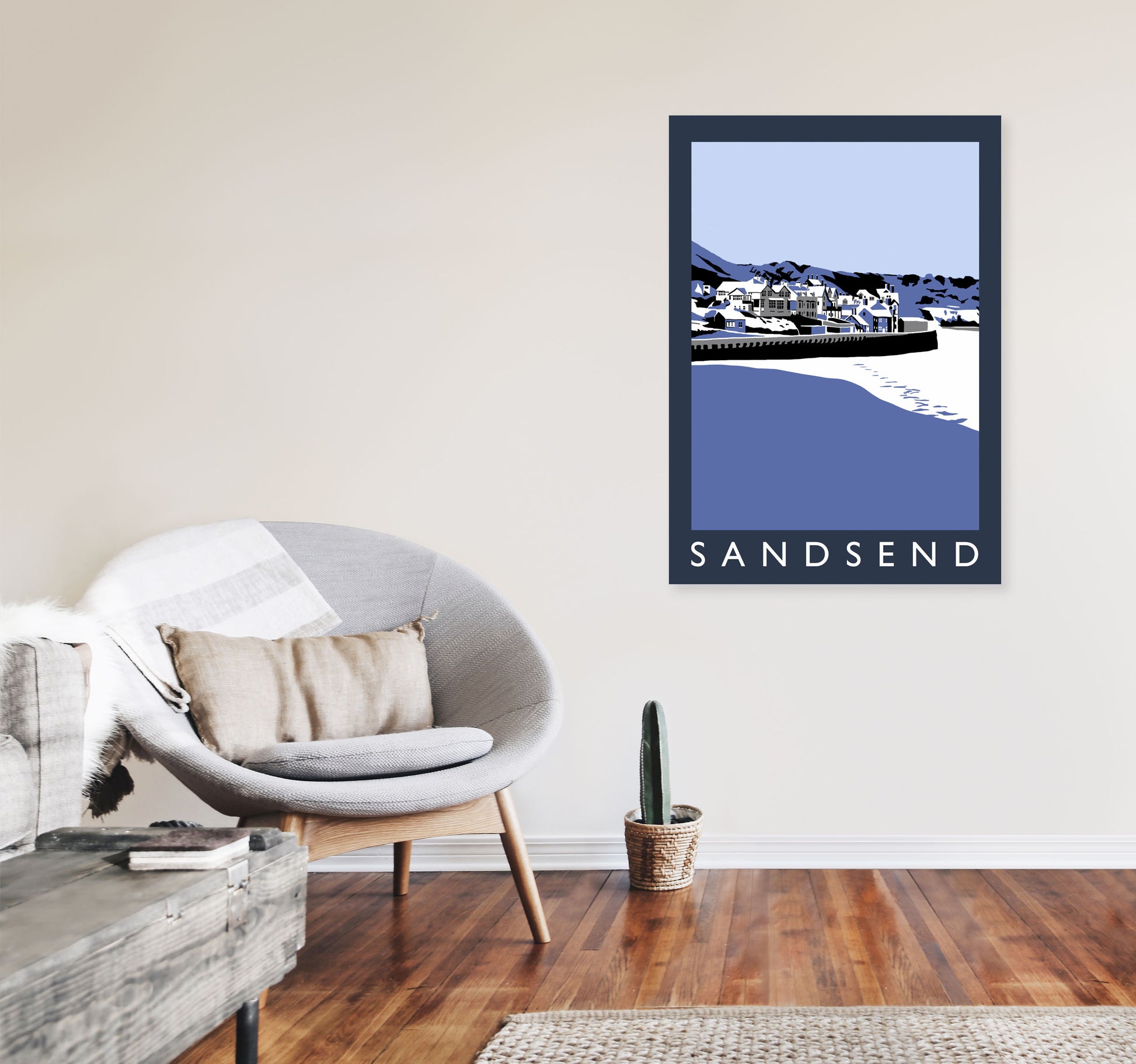 Sandsend In Snow PortraitTravel Art Print by Richard O'Neill, Framed Wall Art A1 Black Frame