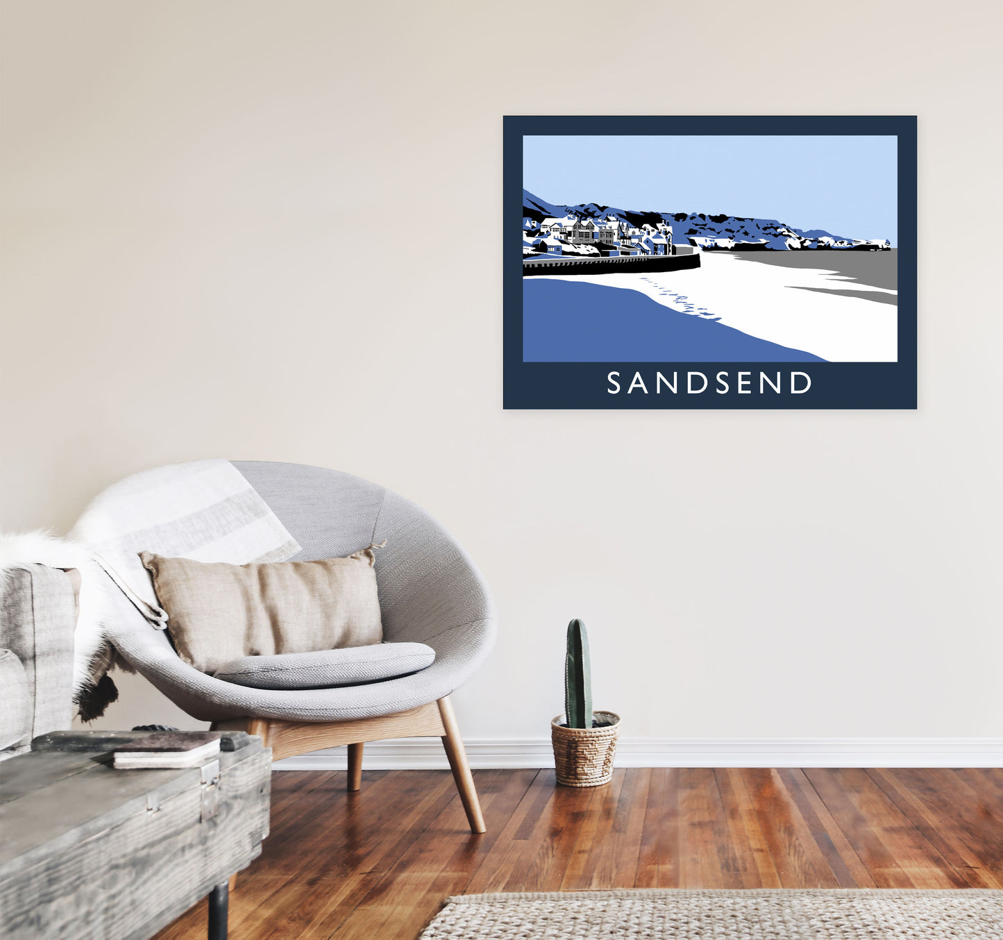 Sandsend In Snow Travel Art Print by Richard O'Neill, Framed Wall Art A1 Black Frame