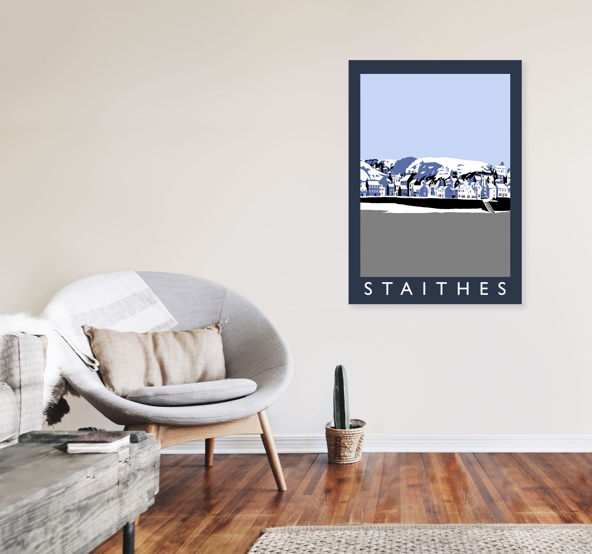 Staithes In Snow PortraitTravel Art Print by Richard O'Neill, Framed Wall Art A1 Black Frame