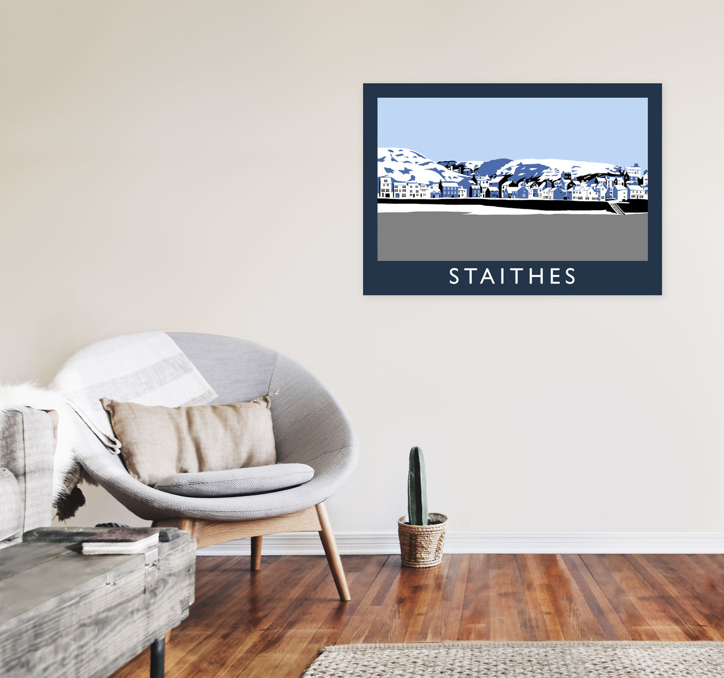 Staithes In Snow Travel Art Print by Richard O'Neill, Framed Wall Art A1 Black Frame