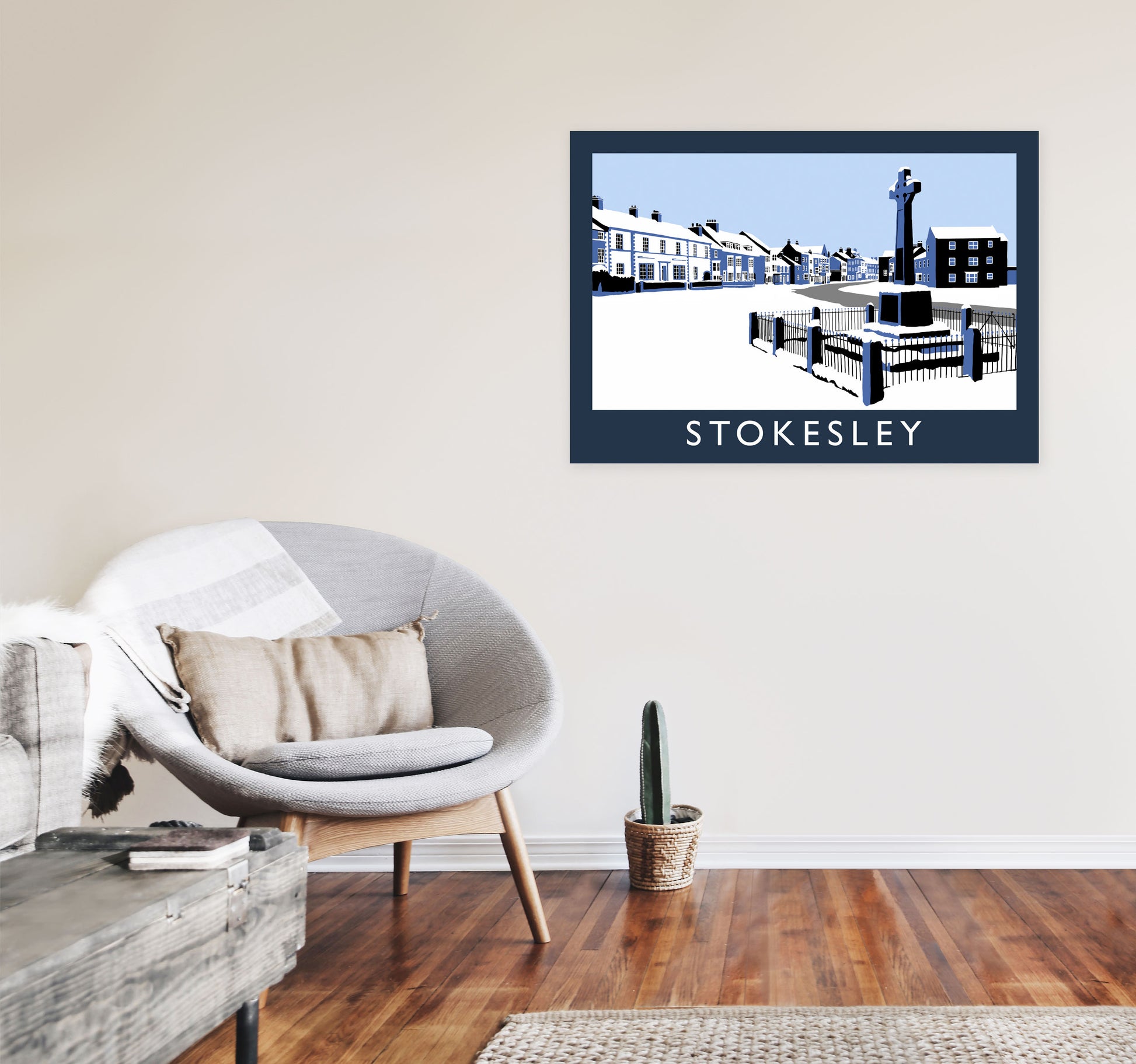 Stokesley In Snow Travel Art Print by Richard O'Neill, Framed Wall Art A1 Black Frame