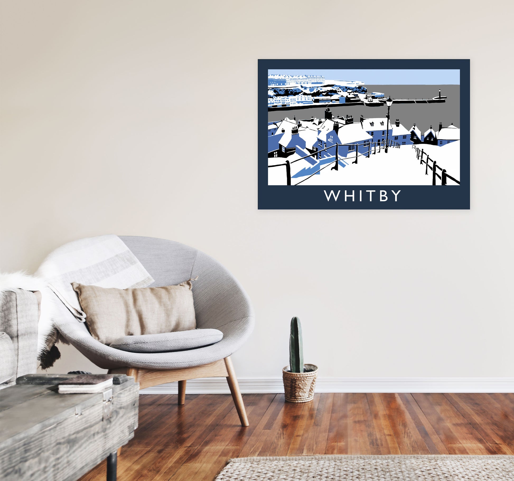 Whitby in Snow Travel Art Print by Richard O'Neill, Framed Wall Art A1 Black Frame