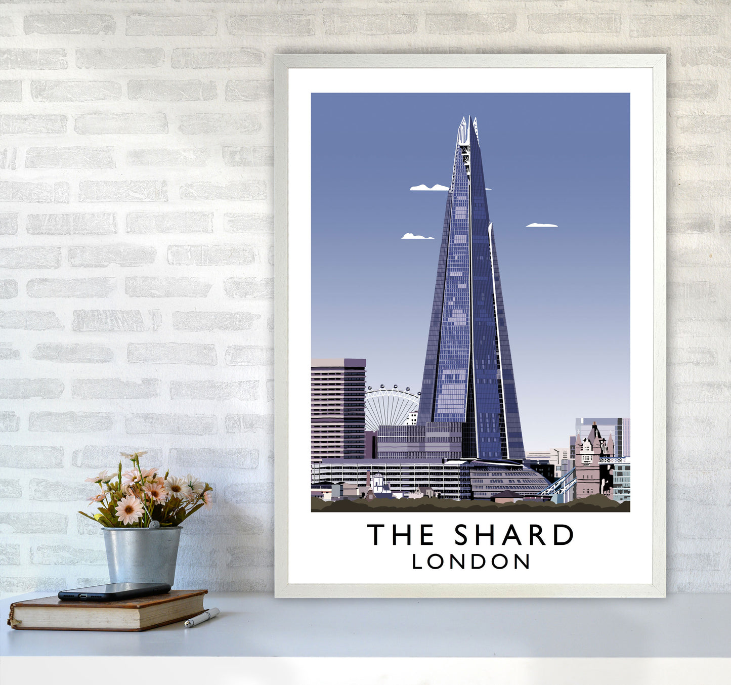 The Shard London Vintage Travel Art Poster by Richard O'Neill, Framed Wall Art Print, Cityscape, Landscape Art Gifts A1 Oak Frame