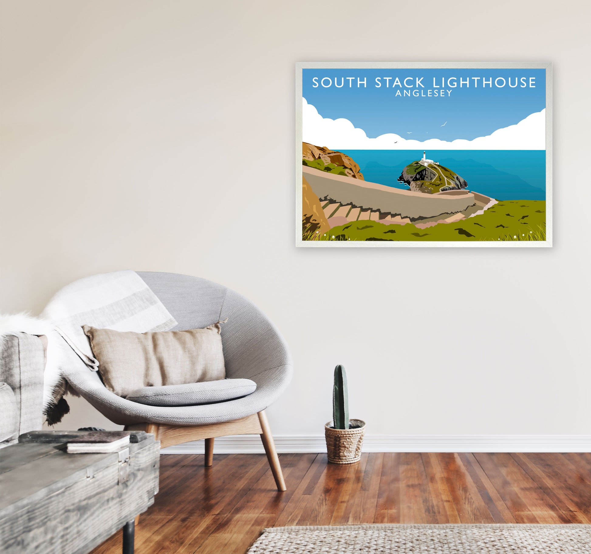 South Stack Lighthouse Anglesey Art Print by Richard O'Neill A1 Oak Frame