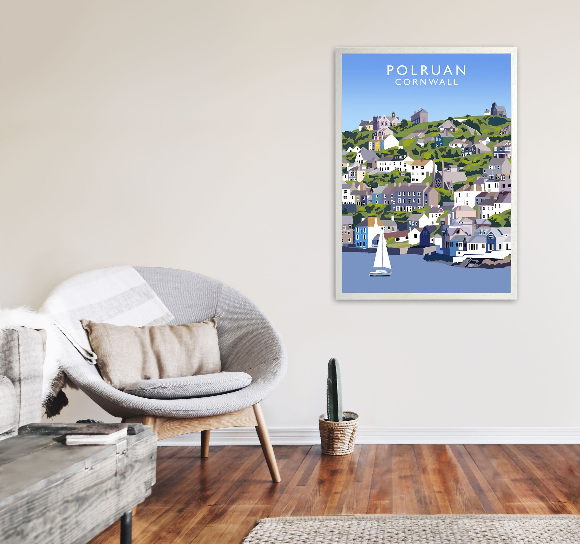 Polruan Cornwall Art Print by Richard O'Neill A1 Oak Frame