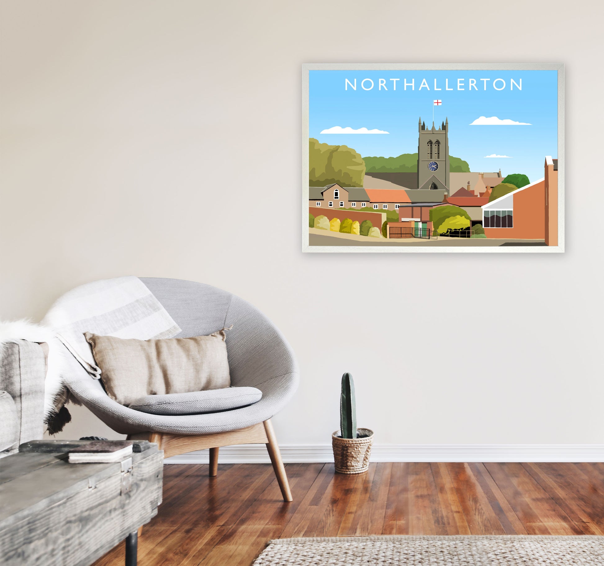 Northallerton (Landscape) by Richard O'Neill Yorkshire Art Print, Travel Poster A1 Oak Frame