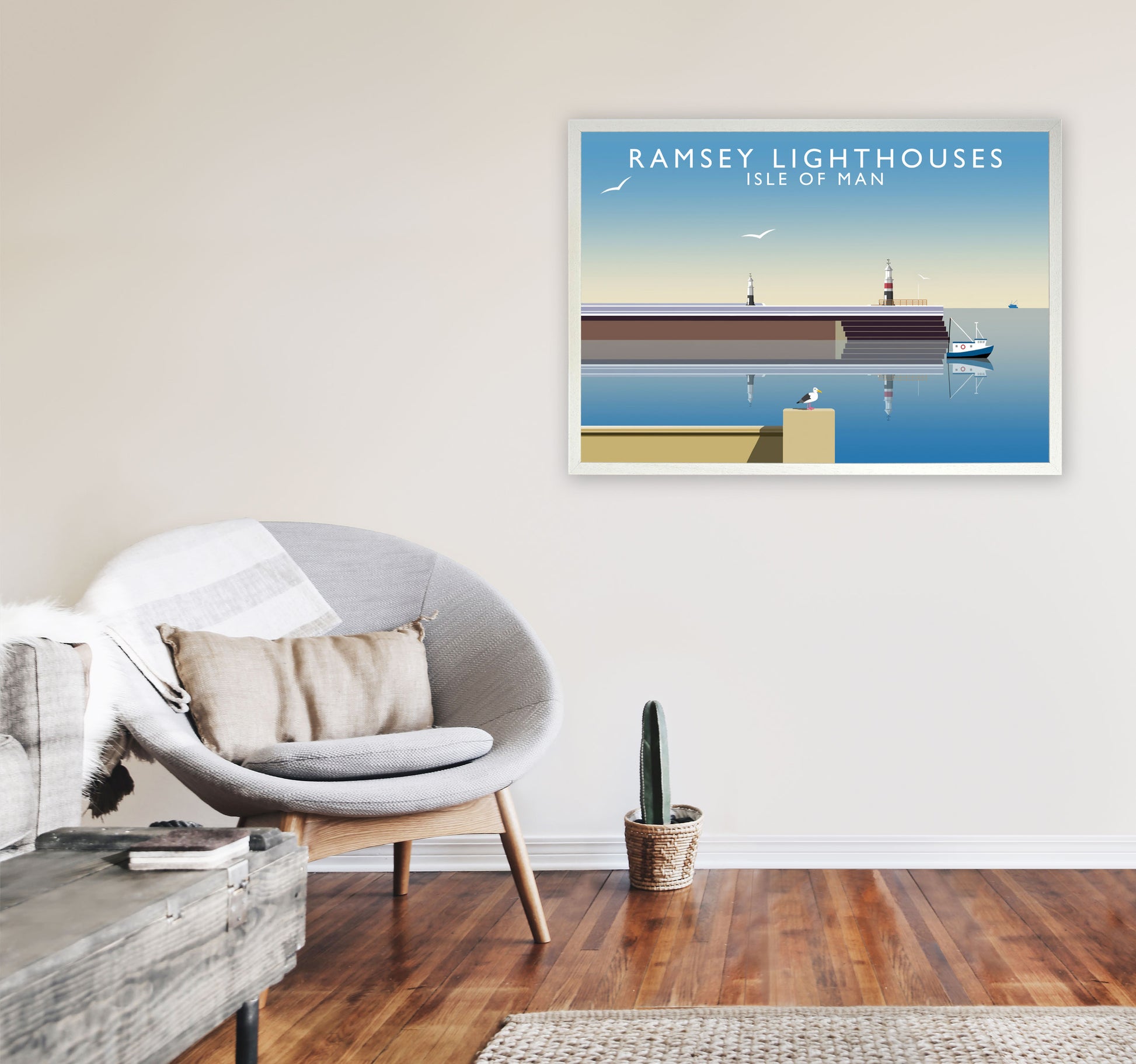 Ramsey Lighthouses Isle of Man Art Print by Richard O'Neill A1 Oak Frame