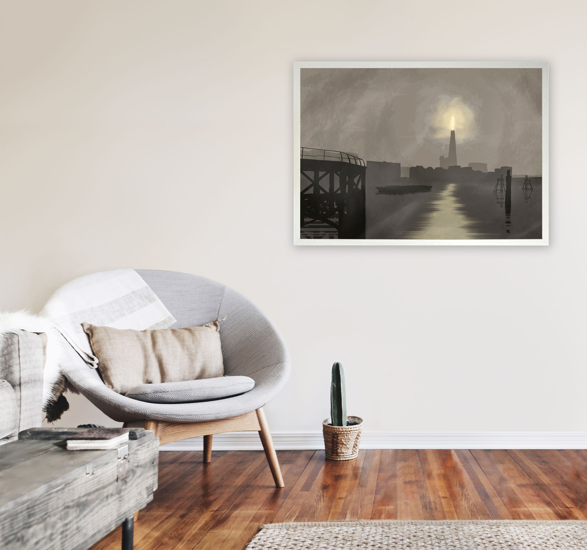 Shard In Fog Travel Art Print by Richard O'Neill, Framed Wall Art A1 Oak Frame