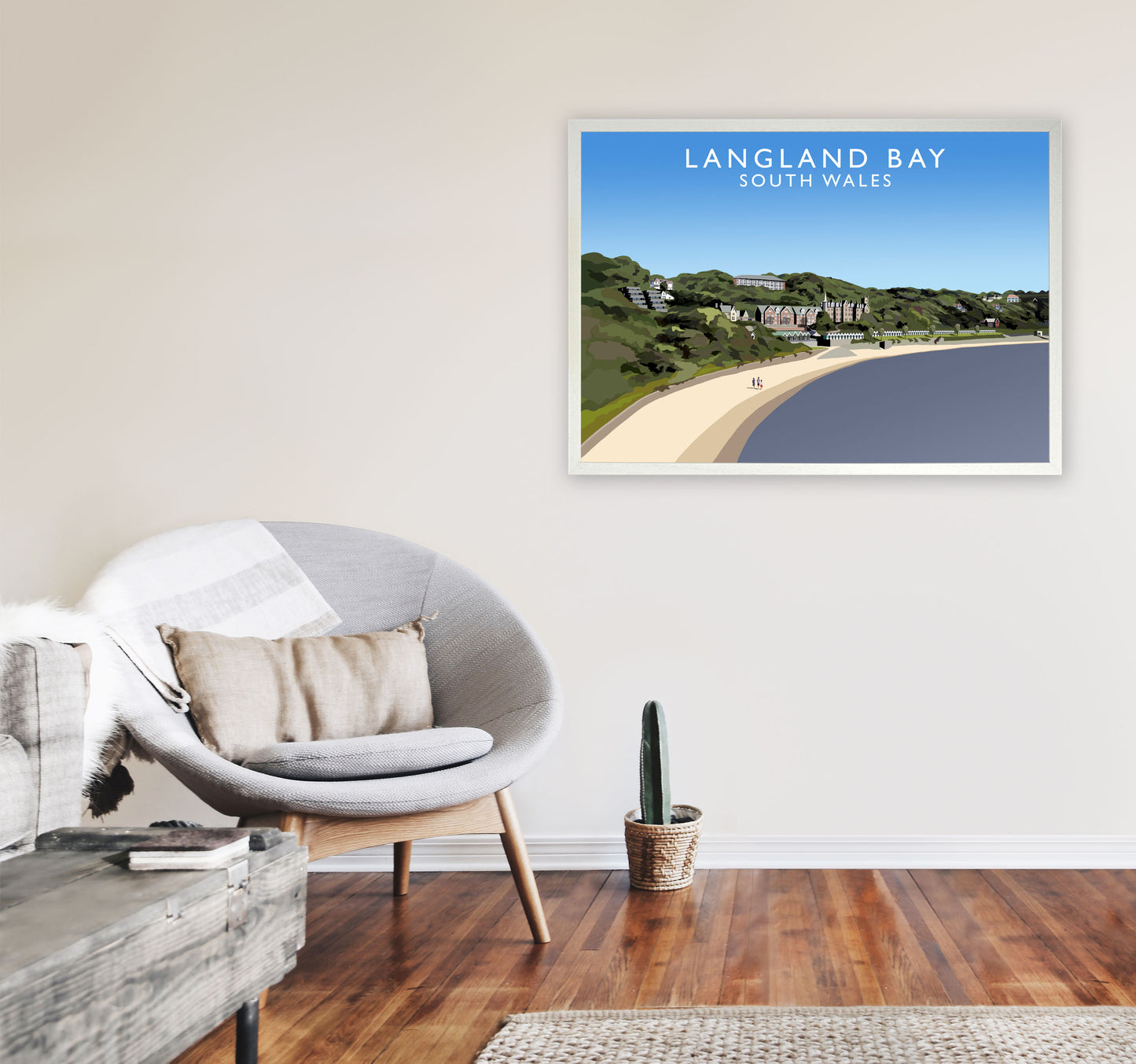 Langland Bay Travel Art Print by Richard O'Neill, Framed Wall Art A1 Oak Frame