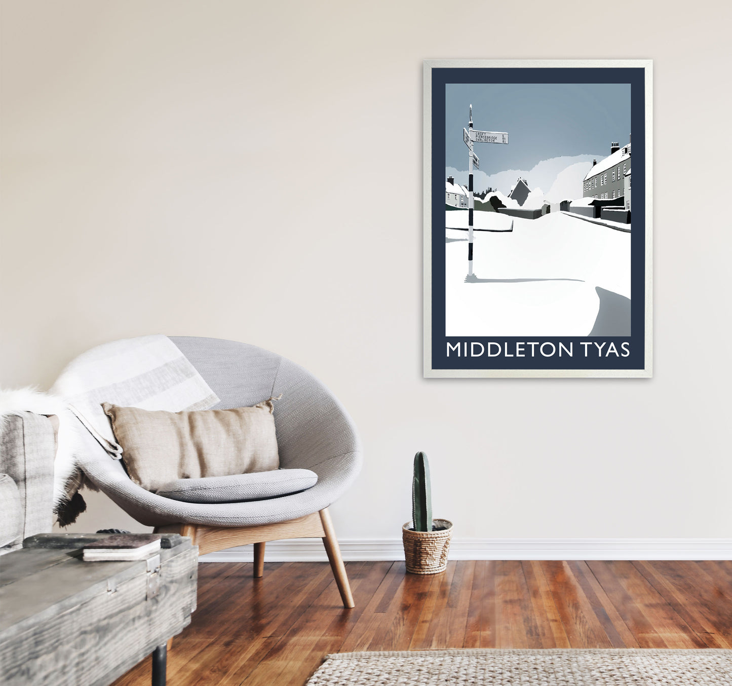 Middleton Tyas in Snow Portrait Travel Art Print by Richard O'Neill, Framed Wall Art A1 Oak Frame