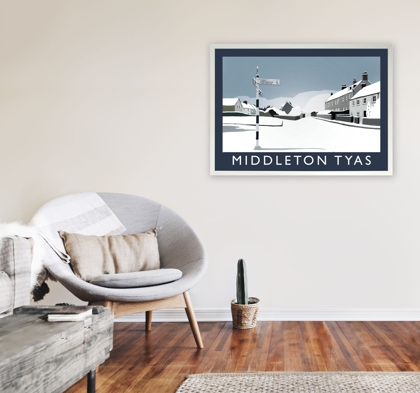 Middleton Tyas in Snow Travel Art Print by Richard O'Neill, Framed Wall Art A1 Oak Frame