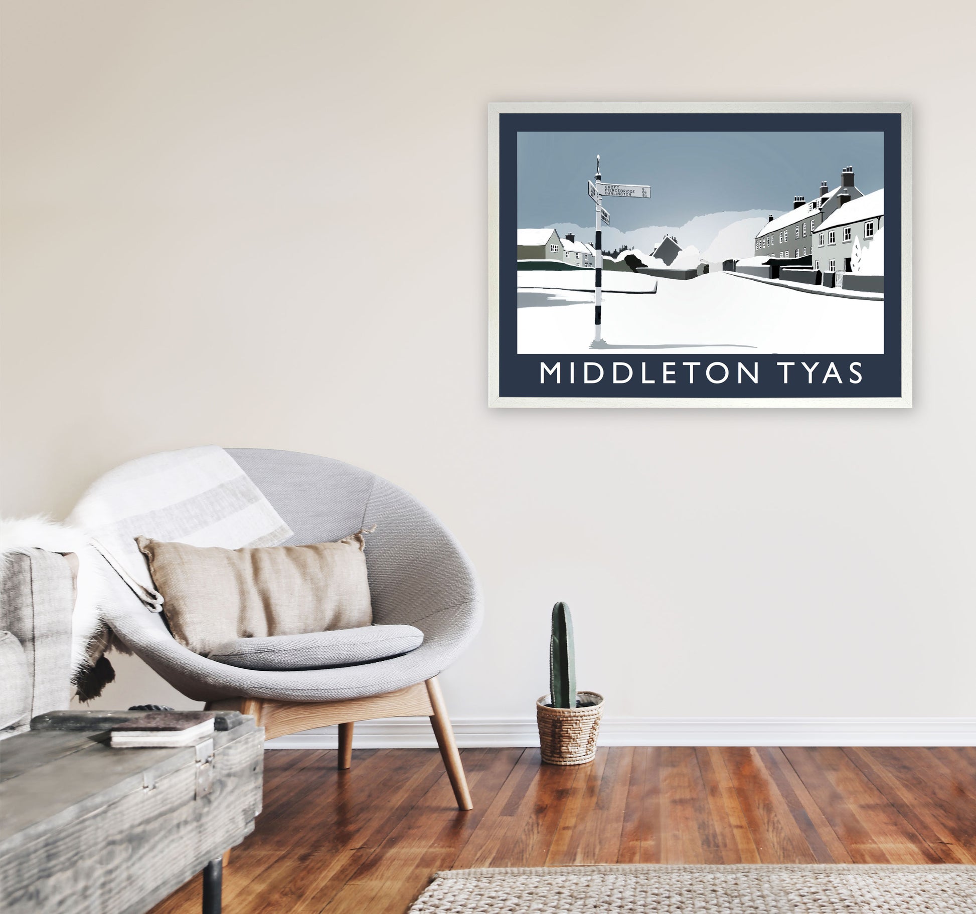 Middleton Tyas in Snow Travel Art Print by Richard O'Neill, Framed Wall Art A1 Oak Frame