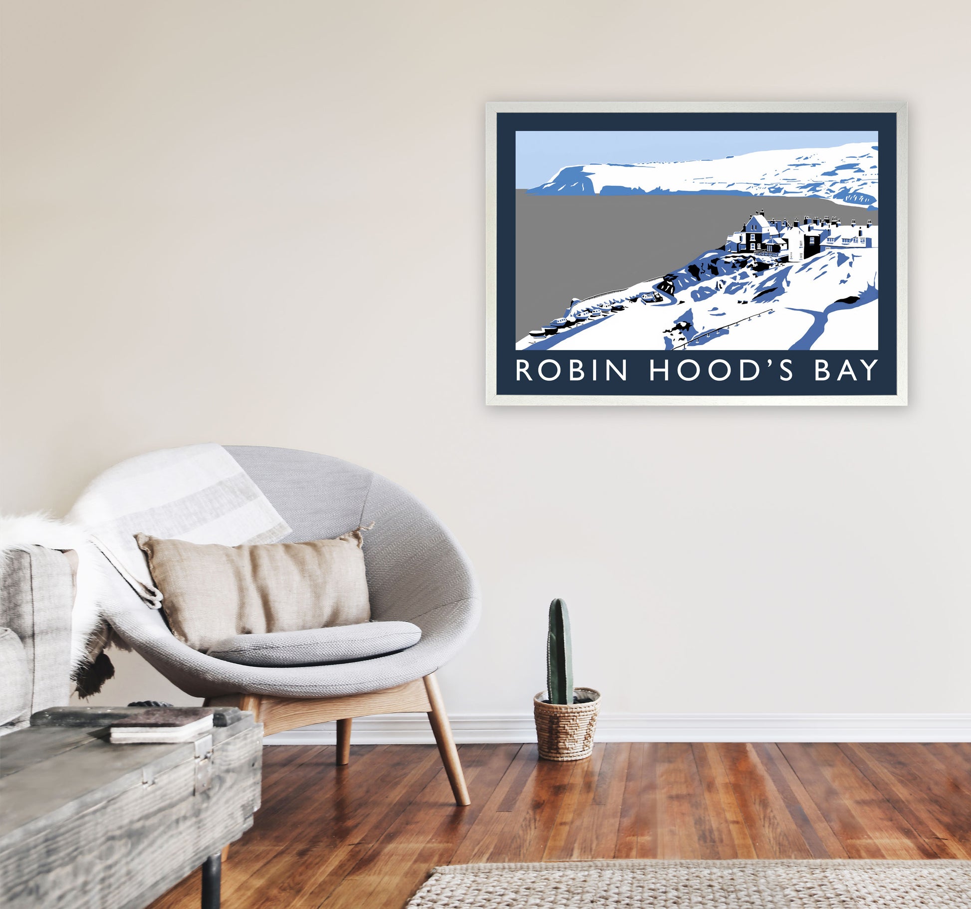 Robin Hood's Bay In Snow Travel Art Print by Richard O'Neill, Framed Wall Art A1 Oak Frame