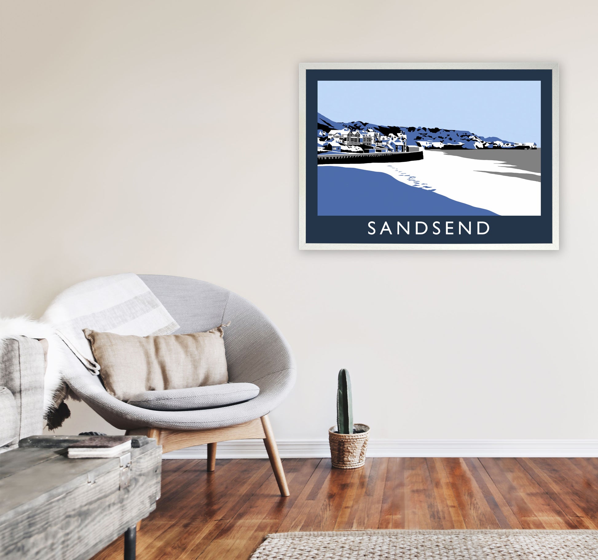 Sandsend In Snow Travel Art Print by Richard O'Neill, Framed Wall Art A1 Oak Frame