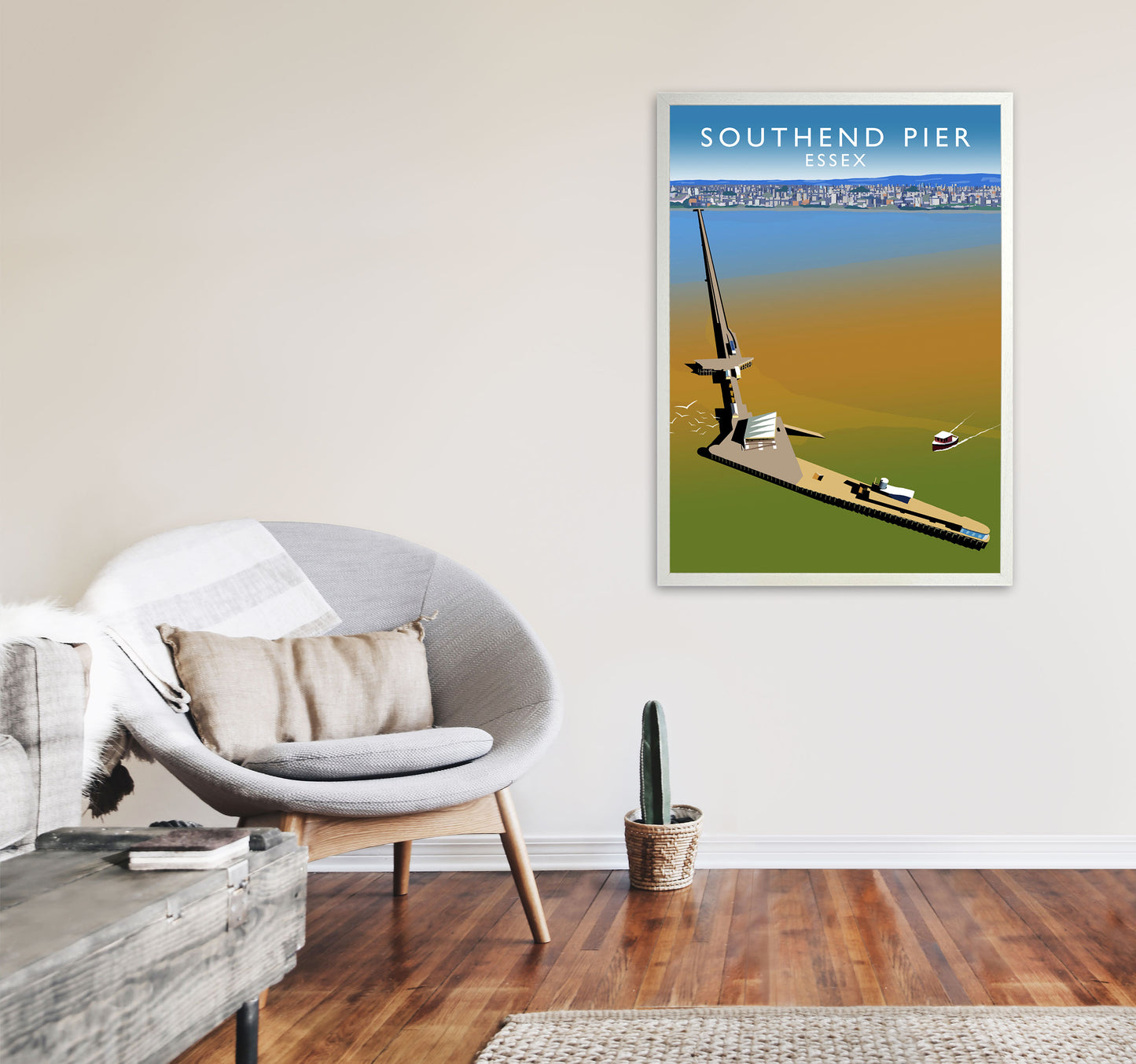 Southend Pier Essex Travel Art Print by Richard O'Neill, Framed Wall Art A1 Oak Frame