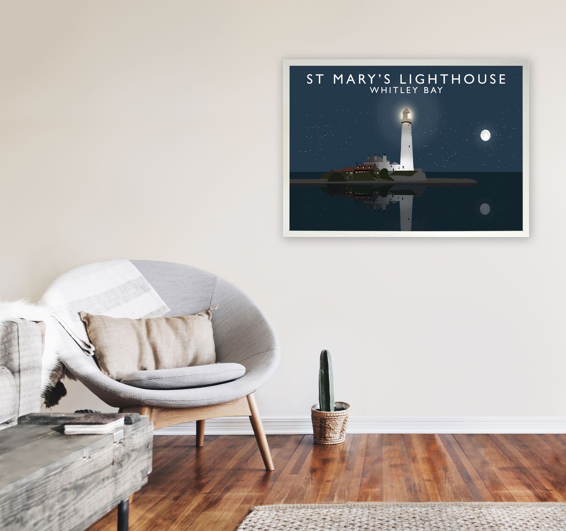 St Mary's Lighthouse Whitley Bay Framed Art Print by Richard O'Neill A1 Oak Frame