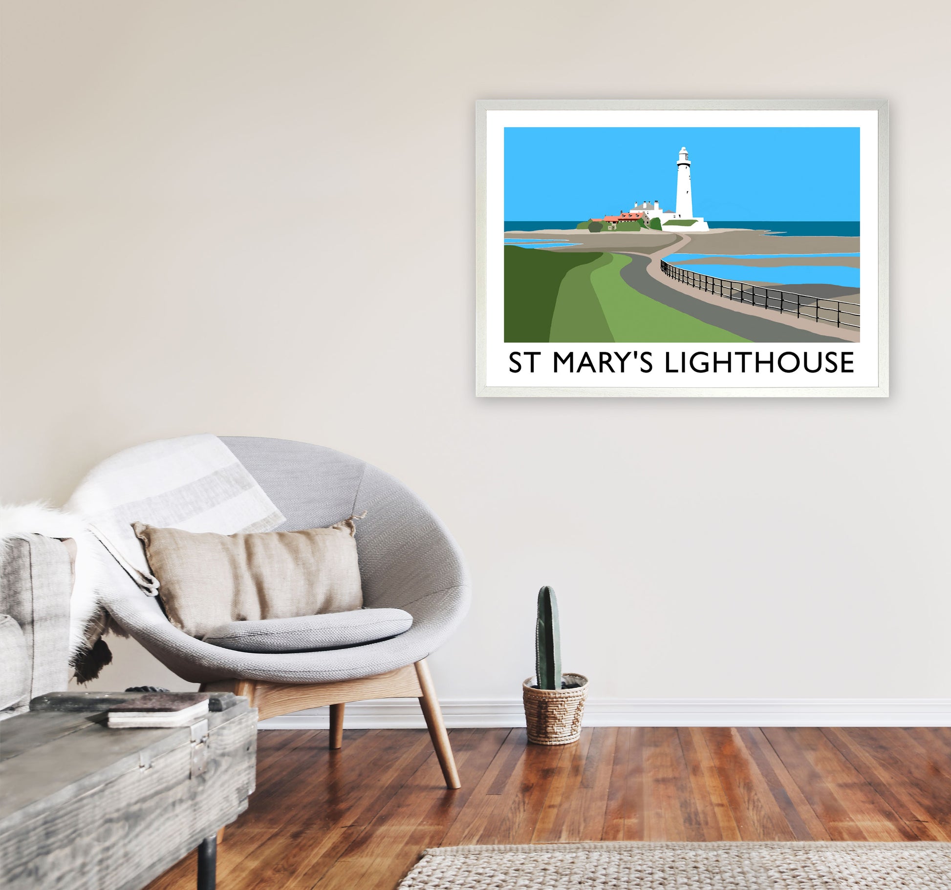 St Mary's Lighthouse Travel Art Print by Richard O'Neill A1 Oak Frame