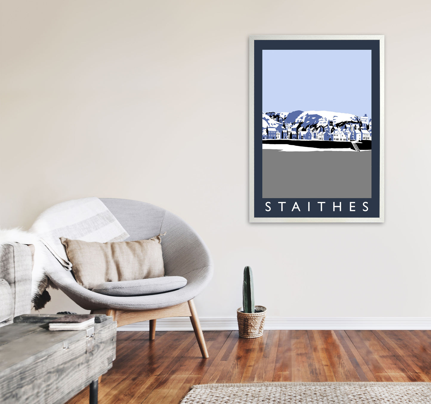 Staithes In Snow PortraitTravel Art Print by Richard O'Neill, Framed Wall Art A1 Oak Frame