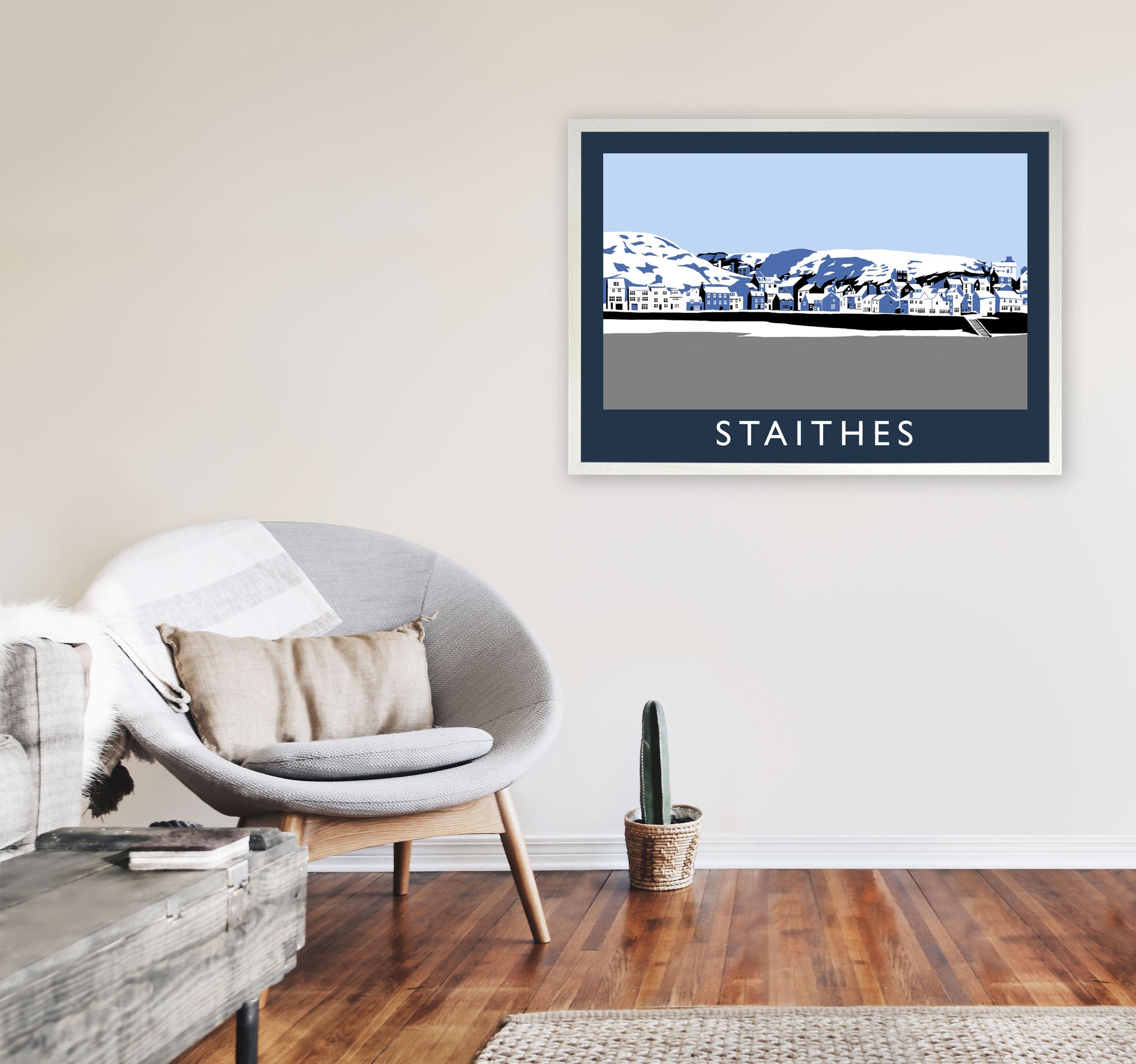 Staithes In Snow Travel Art Print by Richard O'Neill, Framed Wall Art A1 Oak Frame