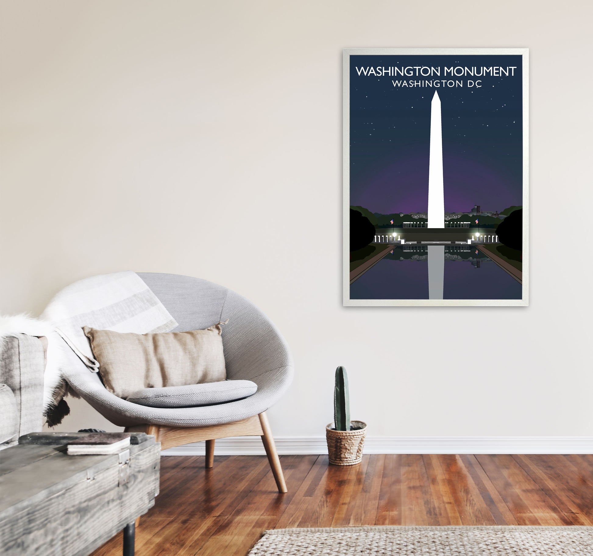 Washington DC Monument Night Travel Art Print by Richard O'Neill A1 Oak Frame