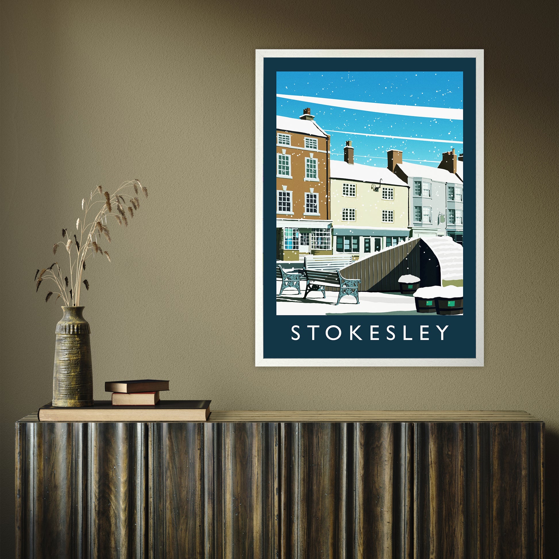 Stokesley (Snow) portrait by Richard O'Neill A1 White Frame