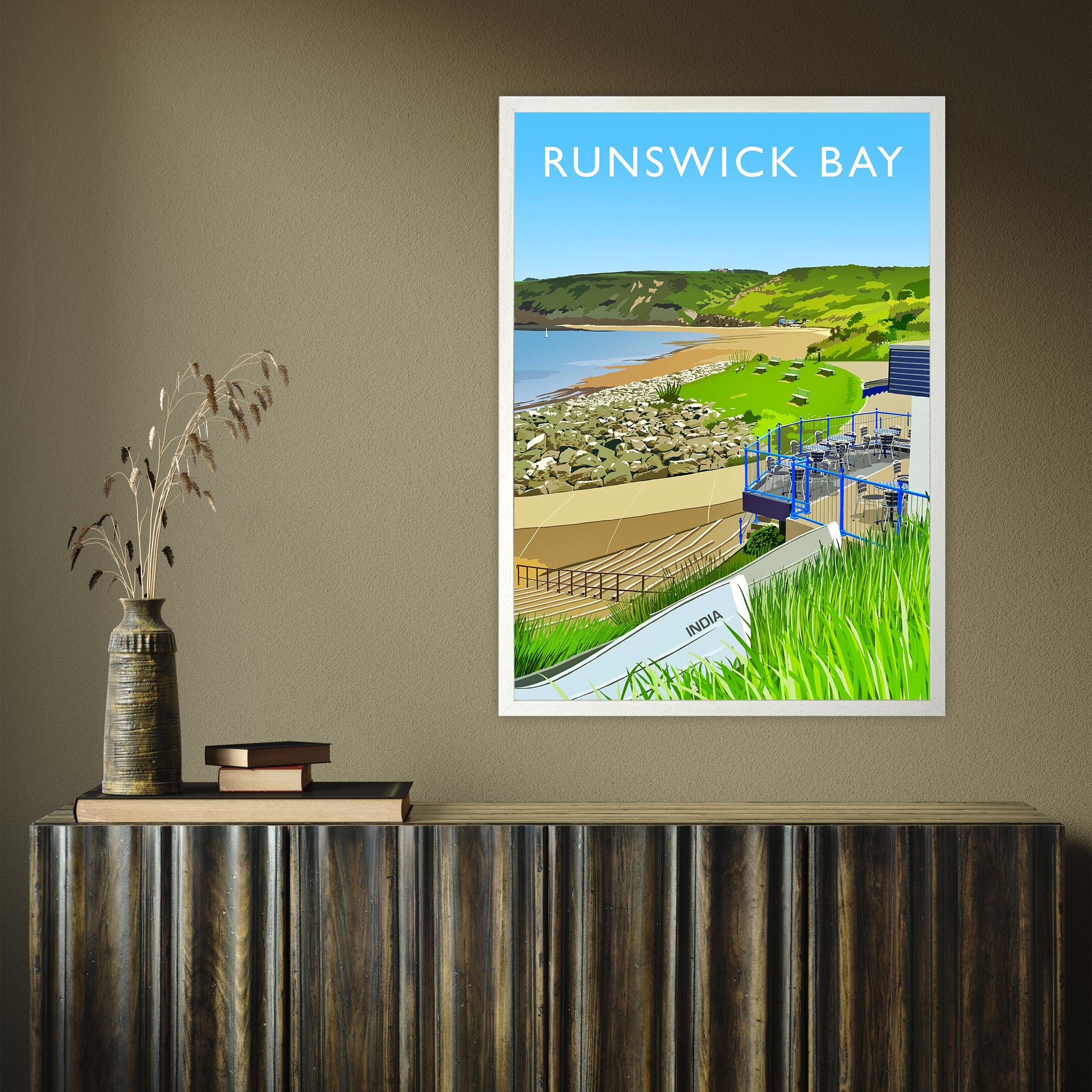 Runswick Bay 3 portrait by Richard O'Neill A1 White Frame