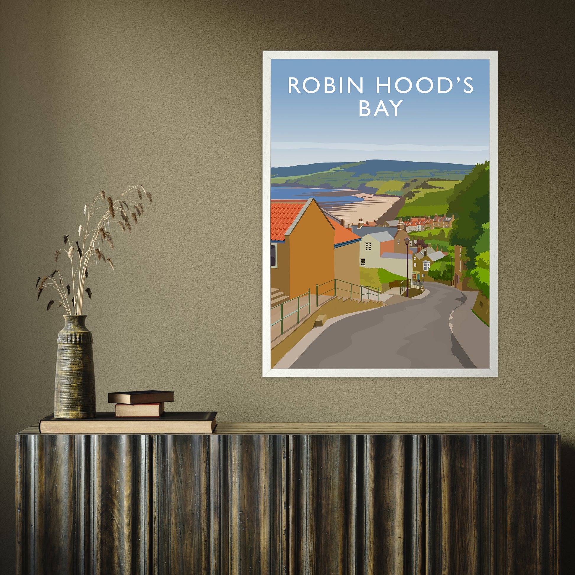 Robin Hood's Bay 3 portrait by Richard O'Neill A1 White Frame