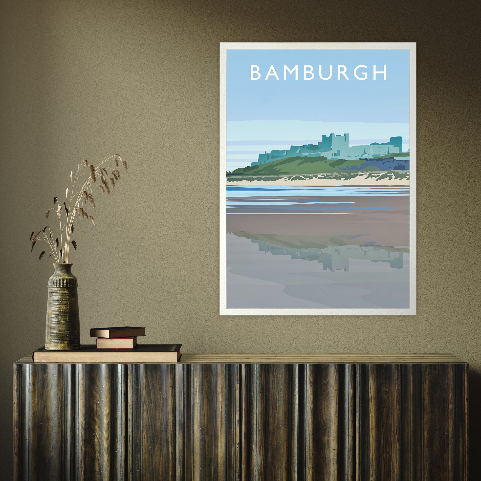 Bamburgh portrait by Richard O'Neill A1 White Frame