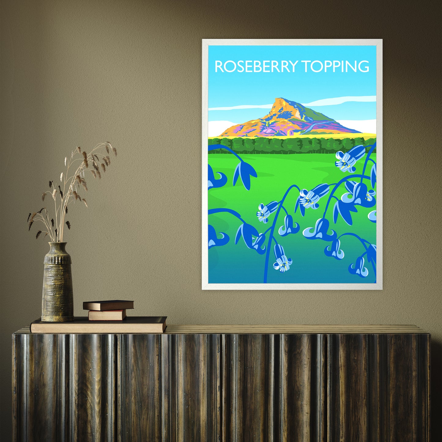 Roseberry Topping (bluebells) portrait by Richard O'Neill A1 White Frame