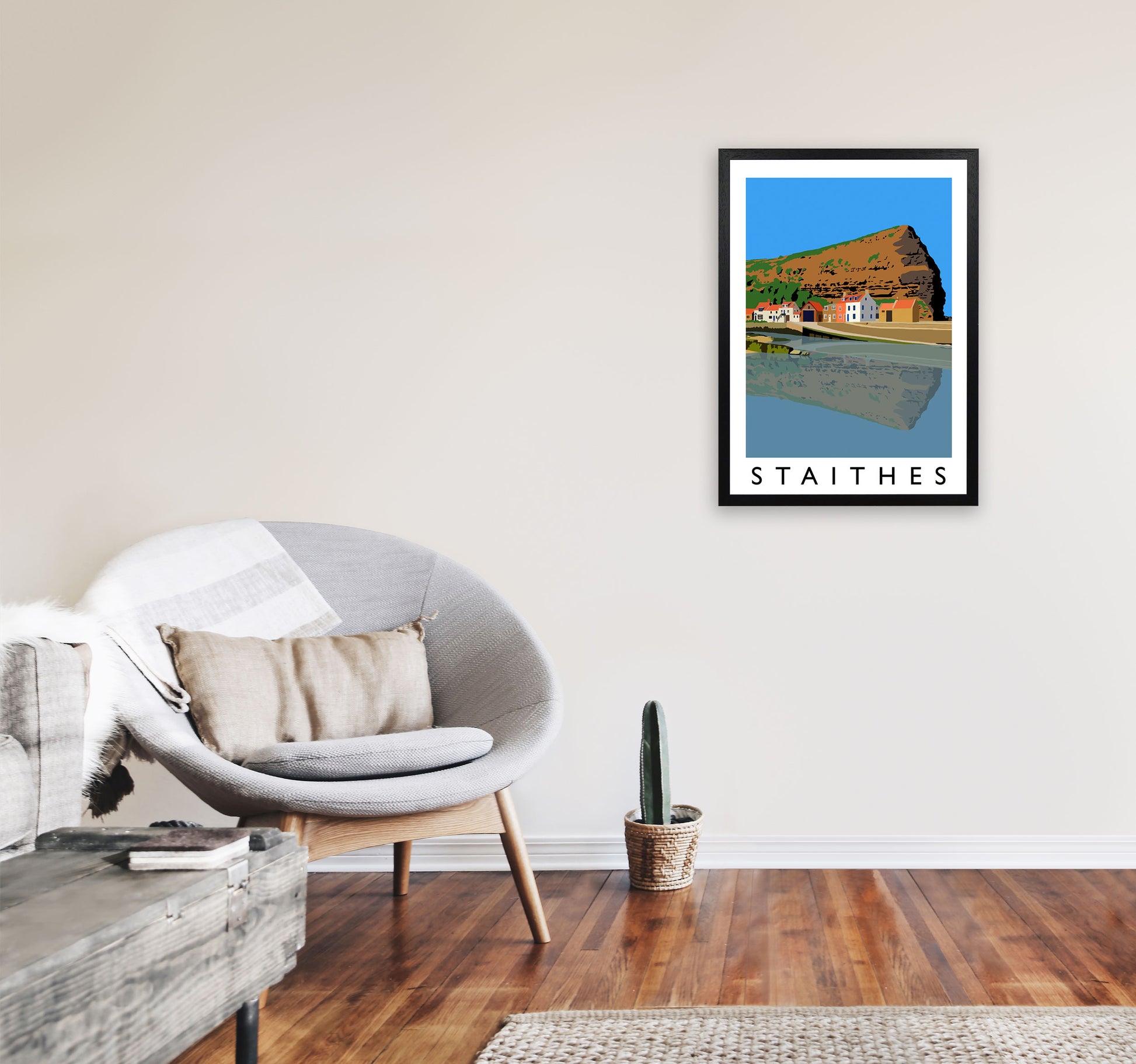 Staithes Art Print by Richard O'Neill A2 White Frame