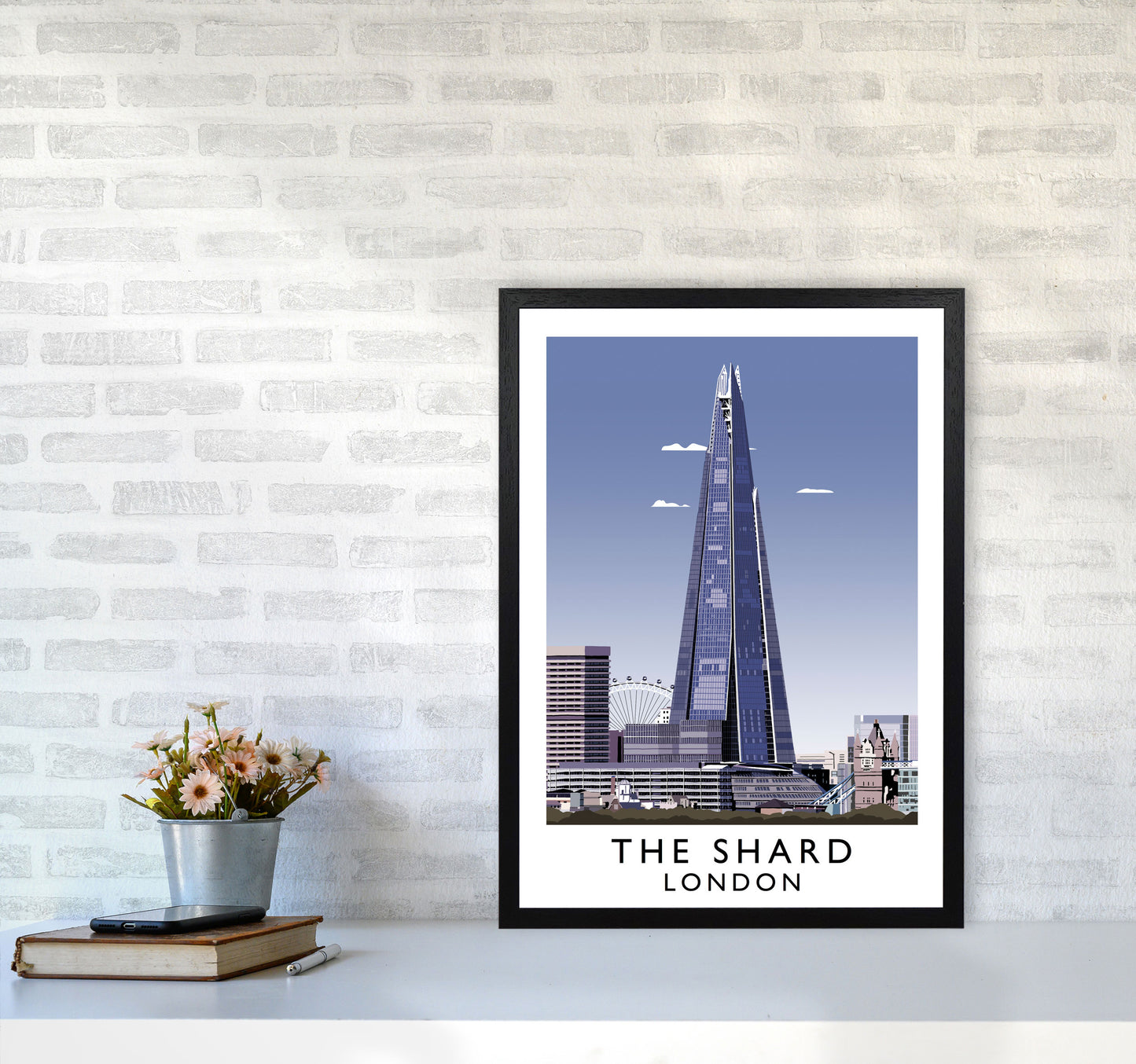 The Shard London Vintage Travel Art Poster by Richard O'Neill, Framed Wall Art Print, Cityscape, Landscape Art Gifts A2 White Frame