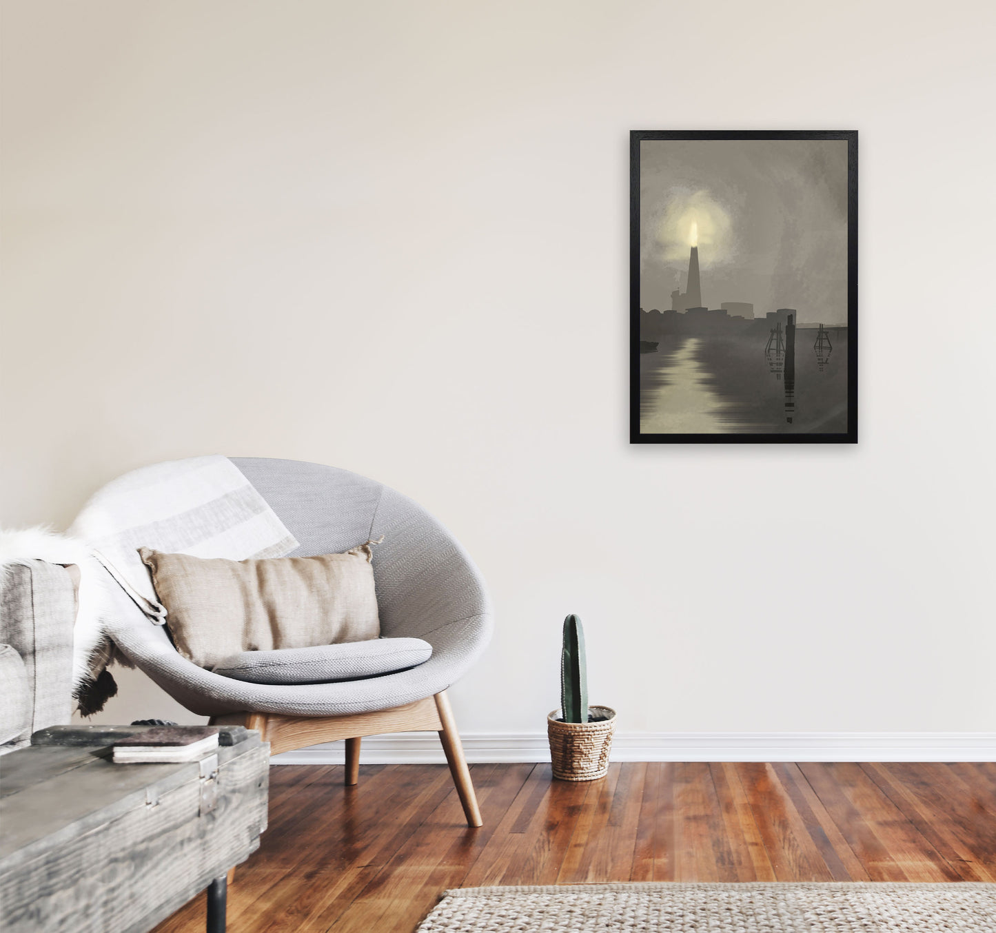 Shard In Fog Portrait Travel Art Print by Richard O'Neill, Framed Wall Art A2 White Frame