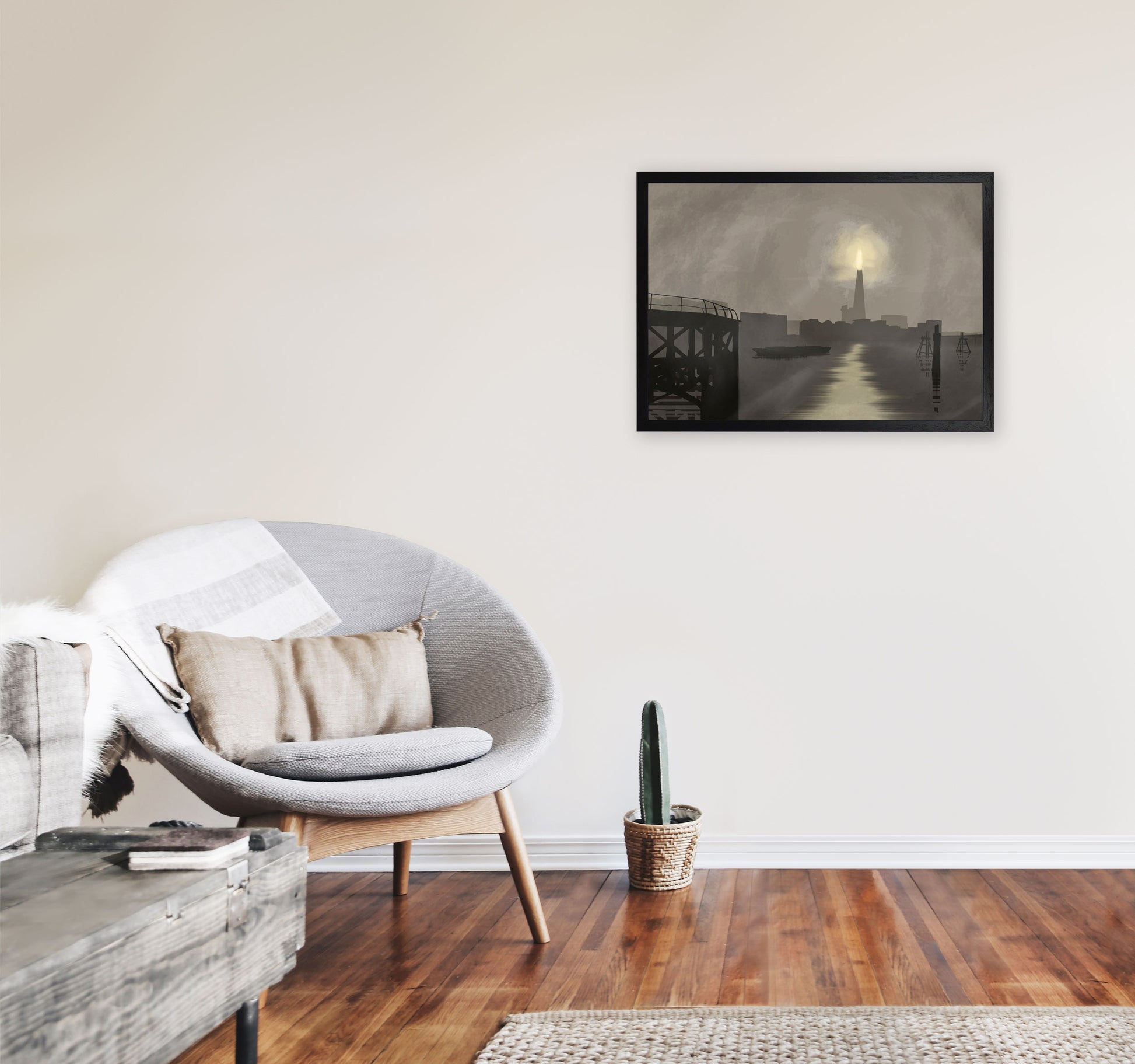 Shard In Fog Travel Art Print by Richard O'Neill, Framed Wall Art A2 White Frame